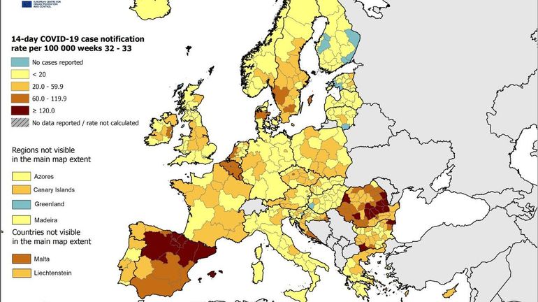 Coronavirus : Bruxelles en rouge sur la carte de l'Europe