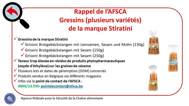 L'Afsca rappelle des gressins au sésame de la marque 