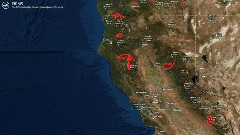 Californie : images satellites de l'incendie au nord de Sacramento, le plus vaste que l'Etat ait jamais connu