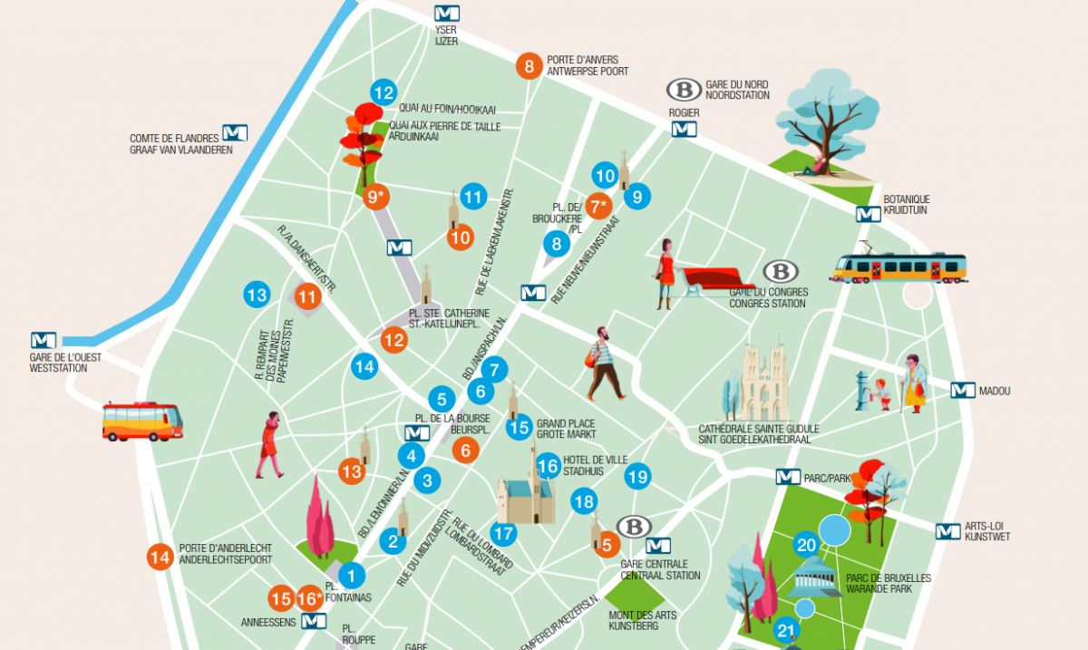 Carte des fontaines à eau et urinoirs en accès public et gratuit à Bruxelles