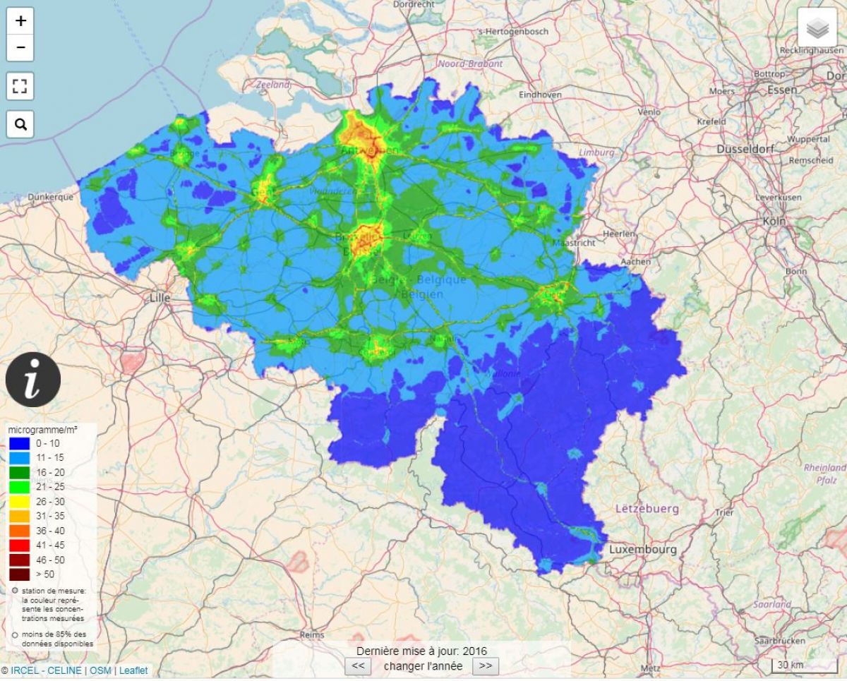 Evaluation de la concentration moyenne en NO2 selon une interpolation RIO-IFDM
