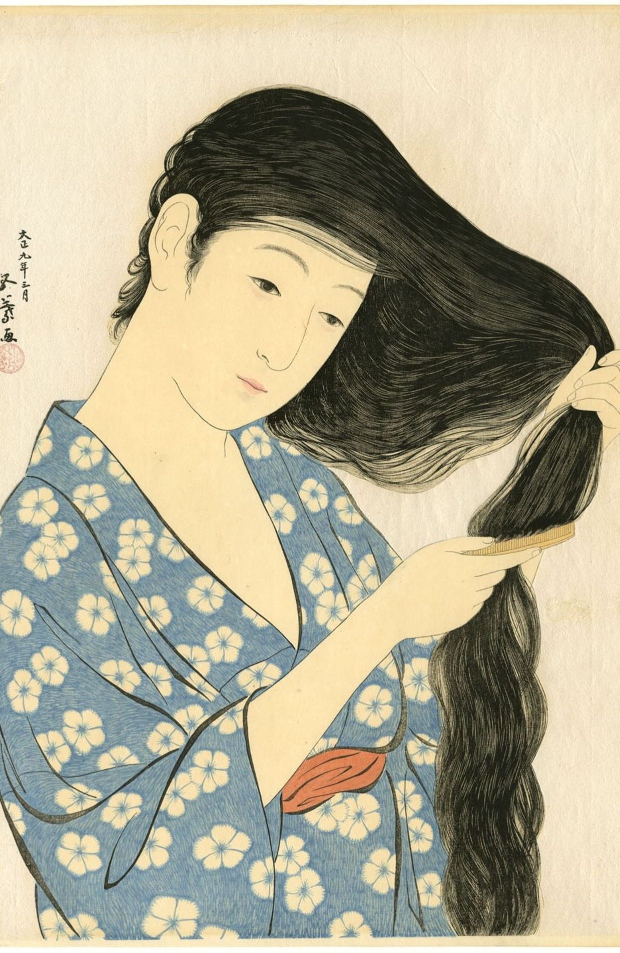 Femme peignant ses cheveux (1920) de Hashiguchi Goyo est l'une des œuvres les plus importantes du mouvement Shin hanga