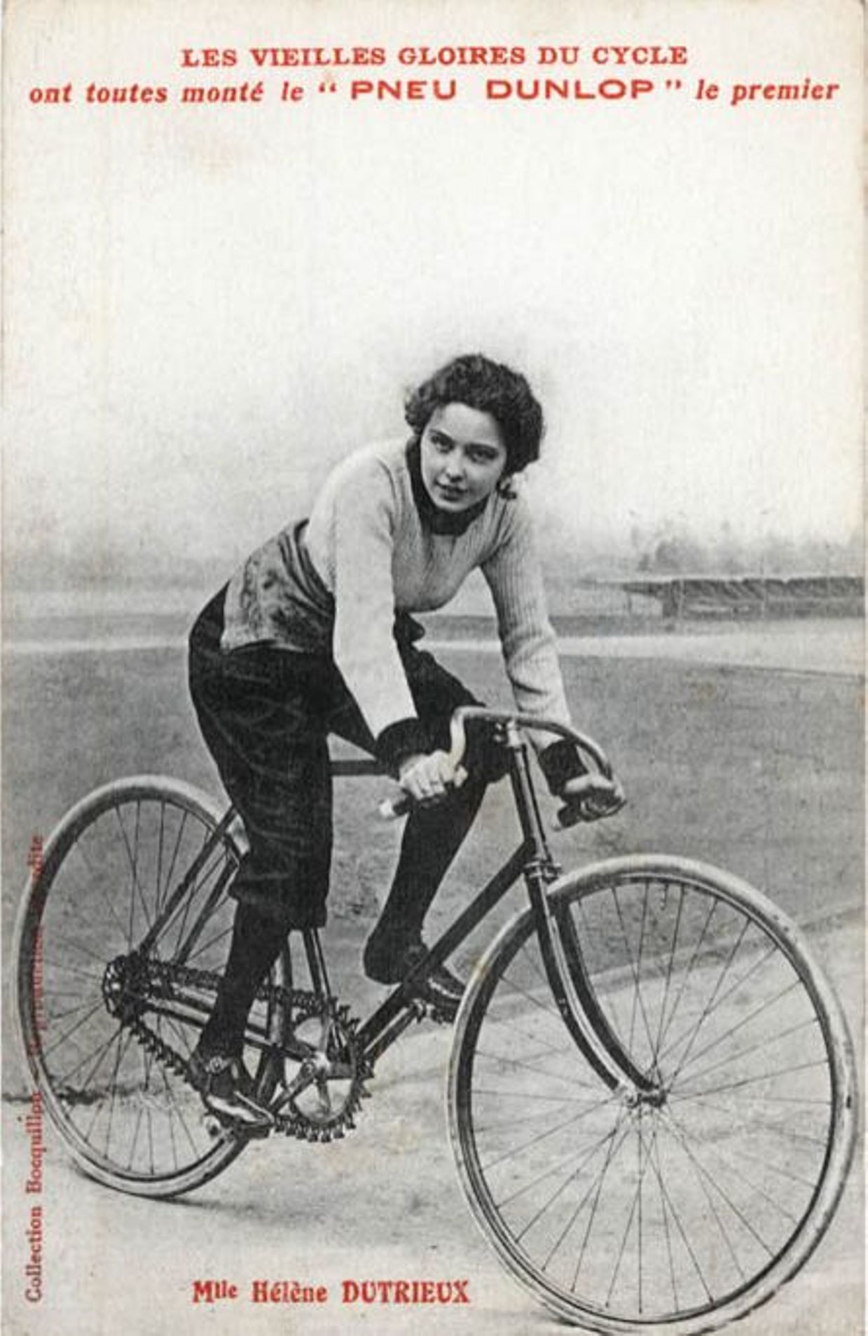 Hélène Dutrieu sur sa bicyclette (1896). 
