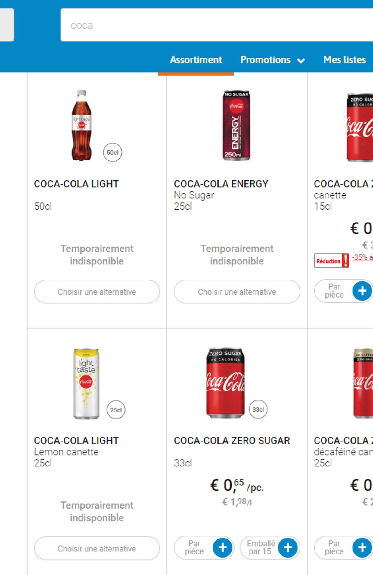 Même sur le site d'achat en ligne "Collect and Go", certains produits Coca-Cola commencent à manquer chez Colruyt
