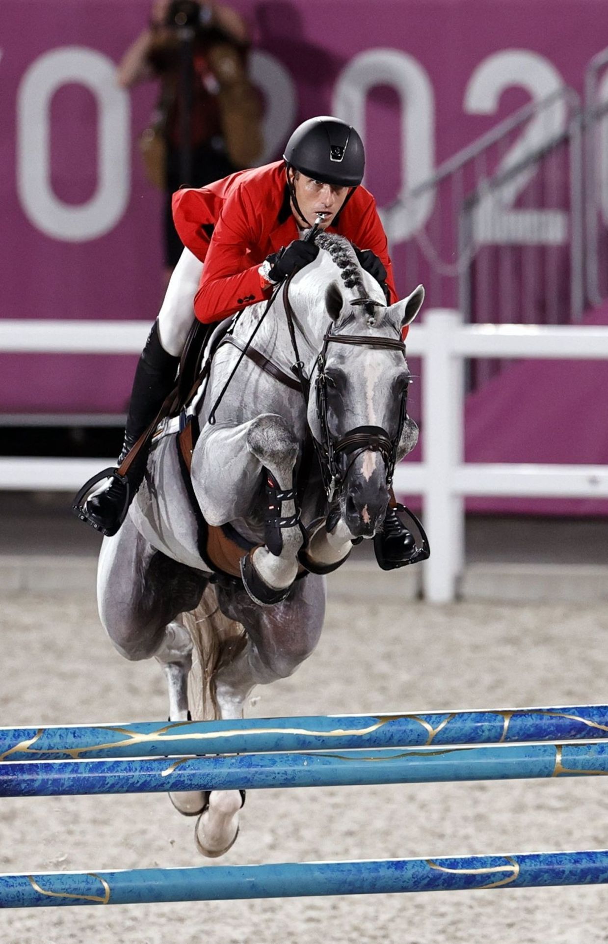 Gregory Wathelet sur son cheval aux Jeux Olympiques.