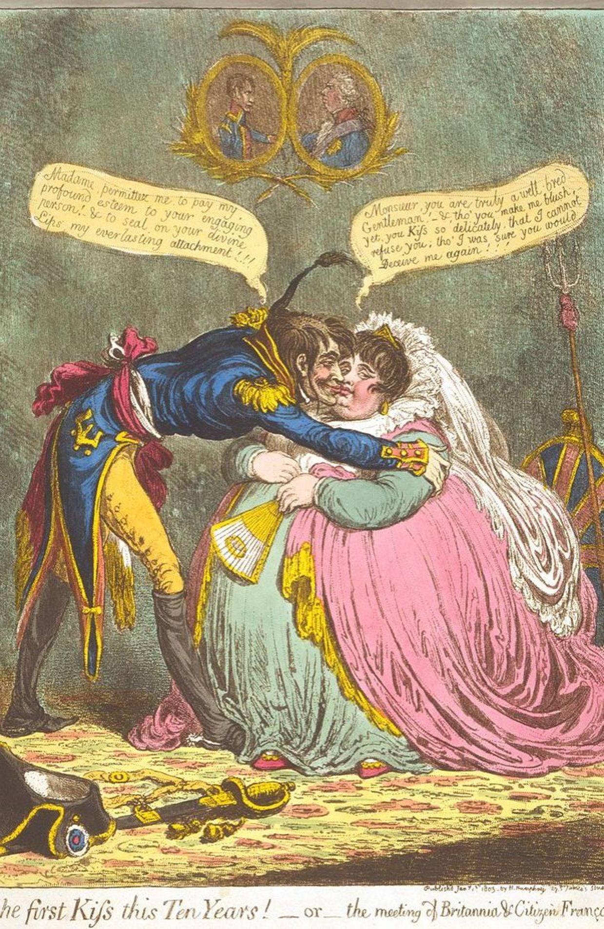 "Le premier baiser en dix ans", caricature anglaise réalisée lors de la Paix d'Amiens, en 1801