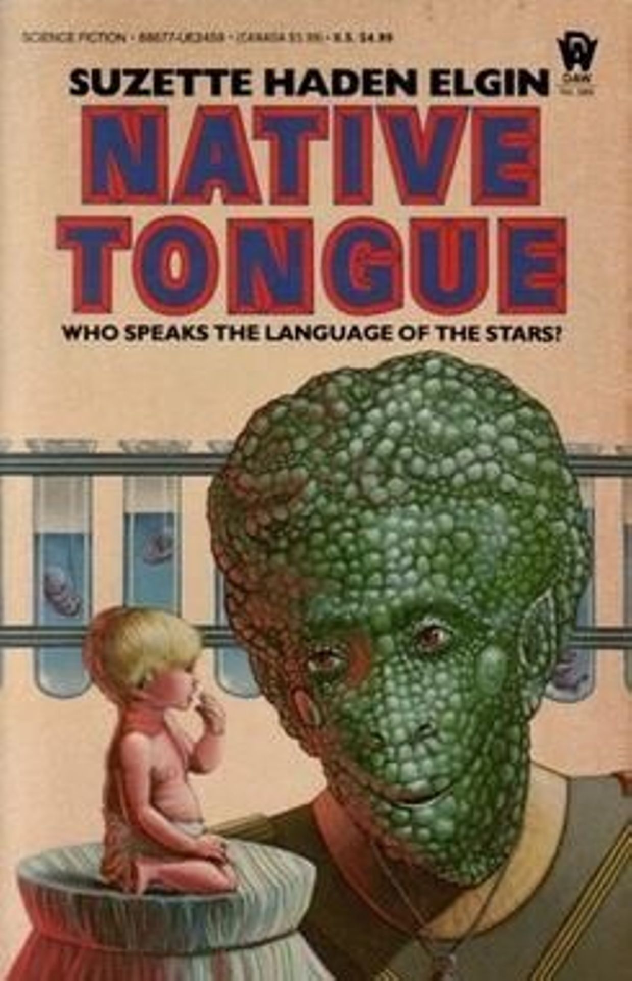 Première de couverture du roman féministe "Native Tongue" de Suzette Haden Elgin. 