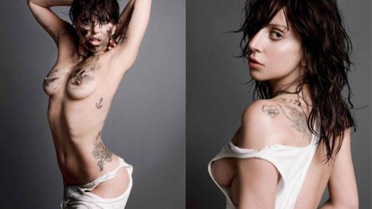 Lady Gaga brune, tatouée et seins nus - rtbf.be