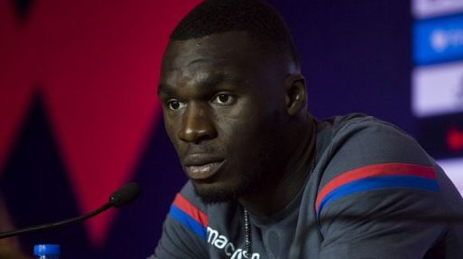 Crystal Palace player Christian Benteke speaks during a press conference of the Premier League Asia Trophy football tournament in Hong Kong on July 21, 2017. ISAAC LAWRENCE / AFP