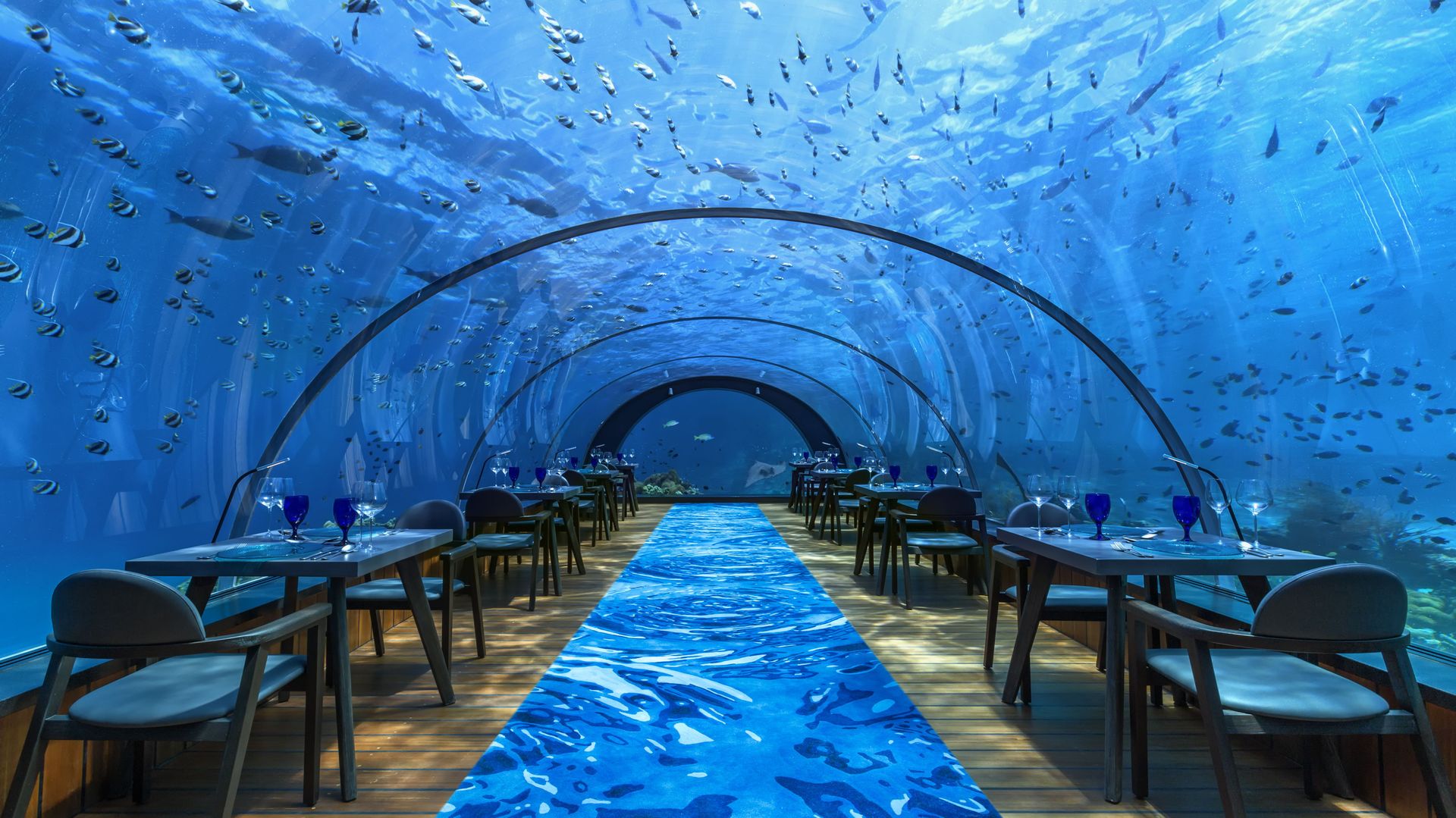 Restaurant sous-marin 5.8 de l'hôtel Hurawalhi Maldives