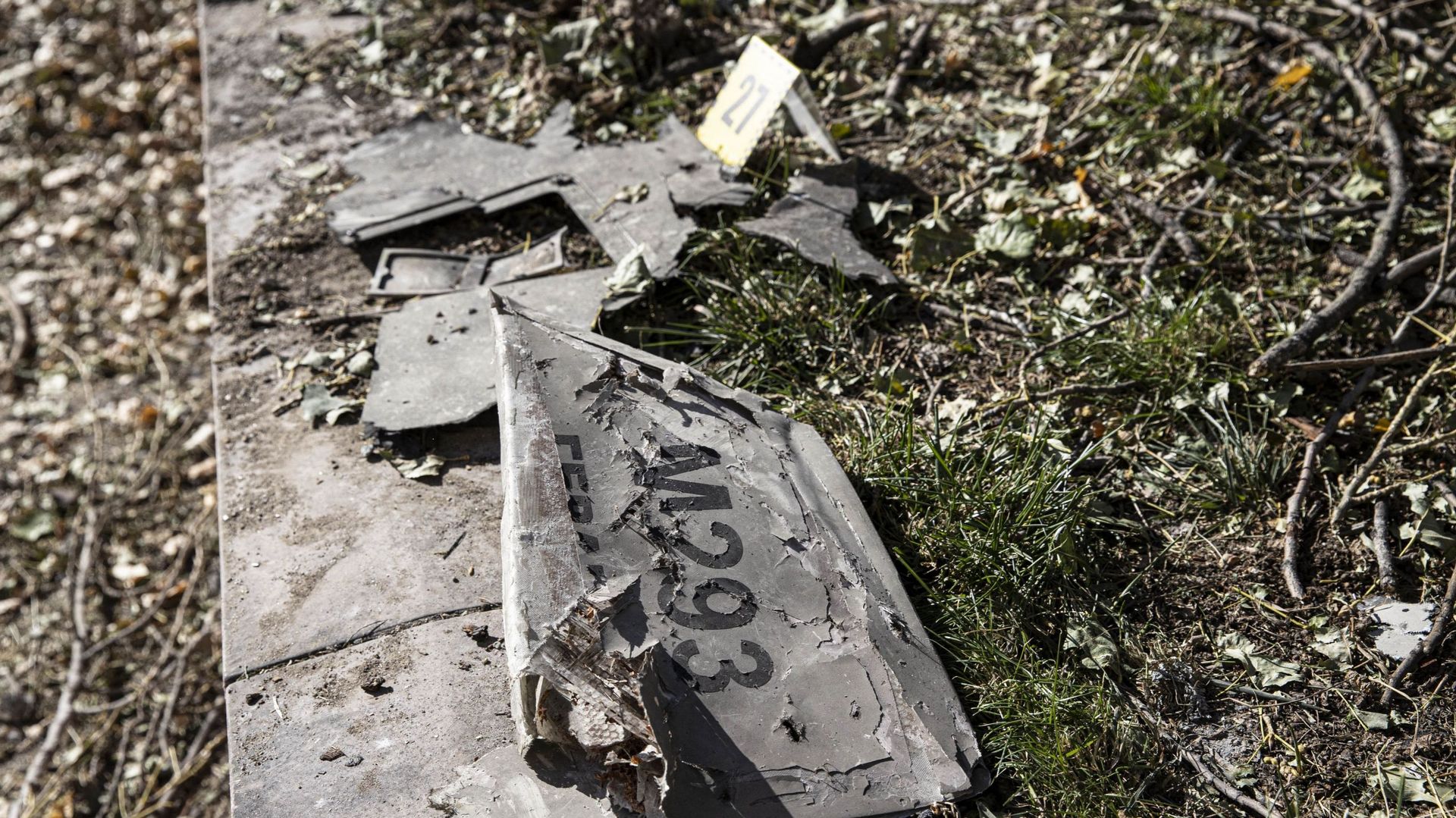 Une vue d'un fragment de drones kamikazes après les attaques russes à Kiev, en Ukraine, le 17 octobre 2022.