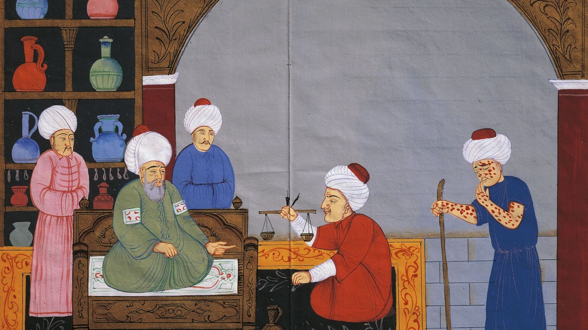 Préparation de médicaments pour le traitement d’un patient atteint de variole, miniature du "Canon de la médecine", d' Avicenne (980-1037), manuscrit ottoman. (Turquie, XVIIe siècle)