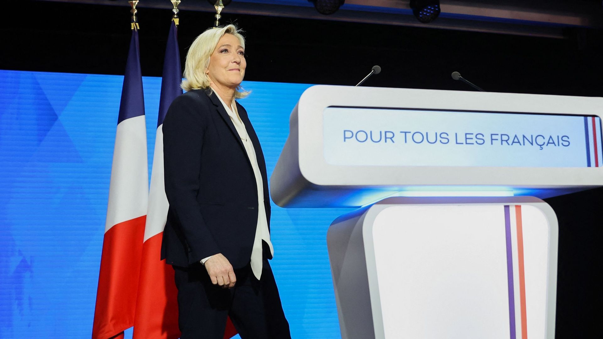 Marine Le Pen au pavillon Armenonville, à Paris, peu après l’annonce des premiers résultats de l’élection présidentielle.