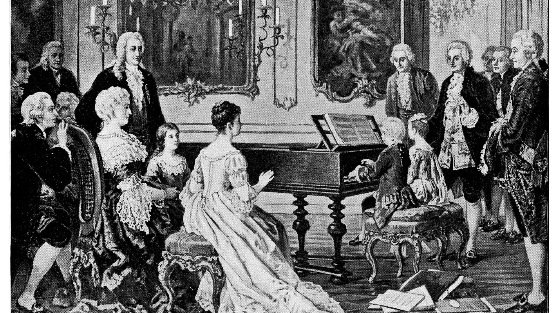 Wolfgang Amadeus Mozart et sa sœur, Maria Anna Mozart, jouent pour l’impératrice Maria Theresa, gravure d’August Borckmann
