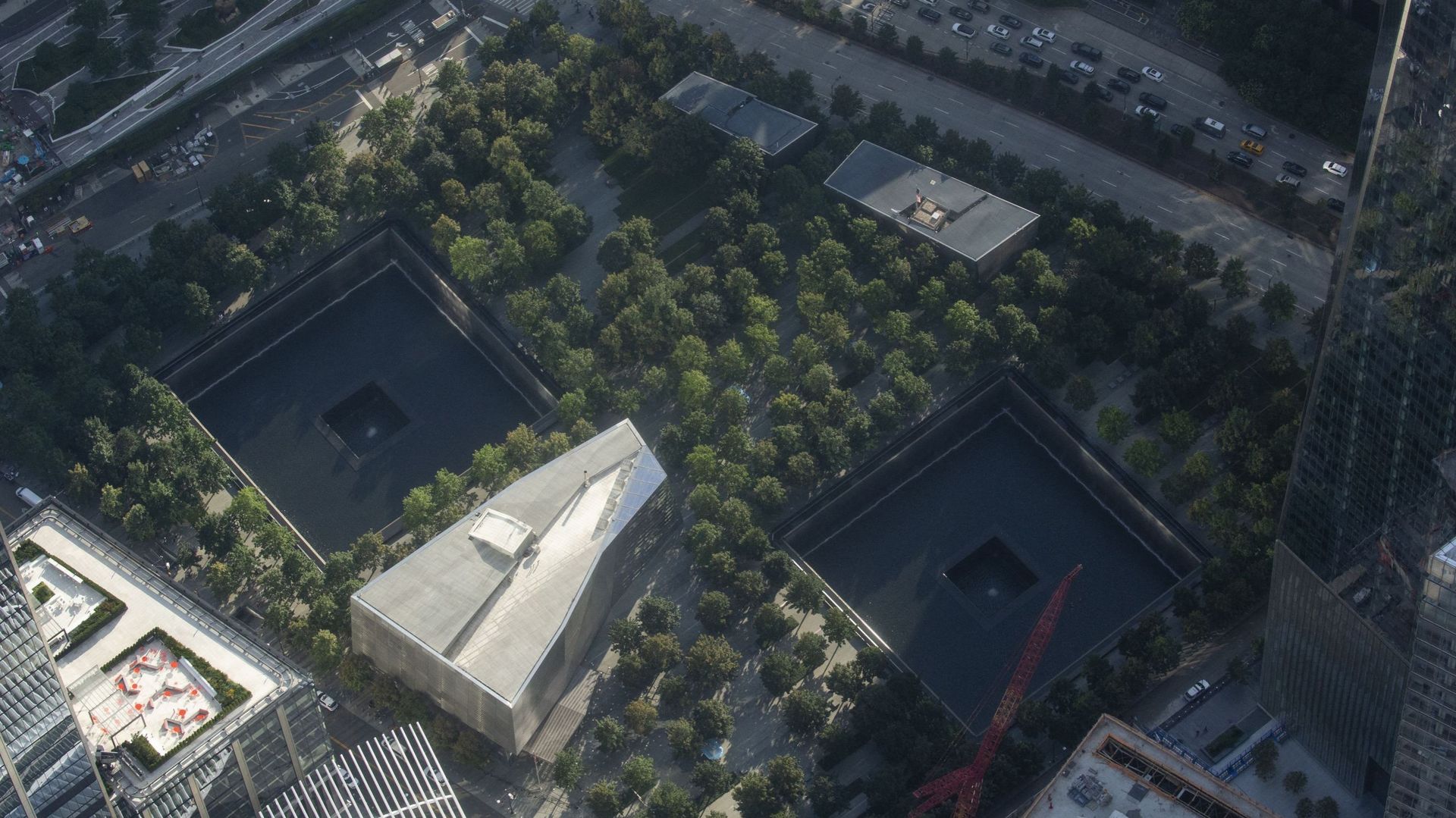 Vue aérienne du mémorial des attentats du 11 septembre à New York.