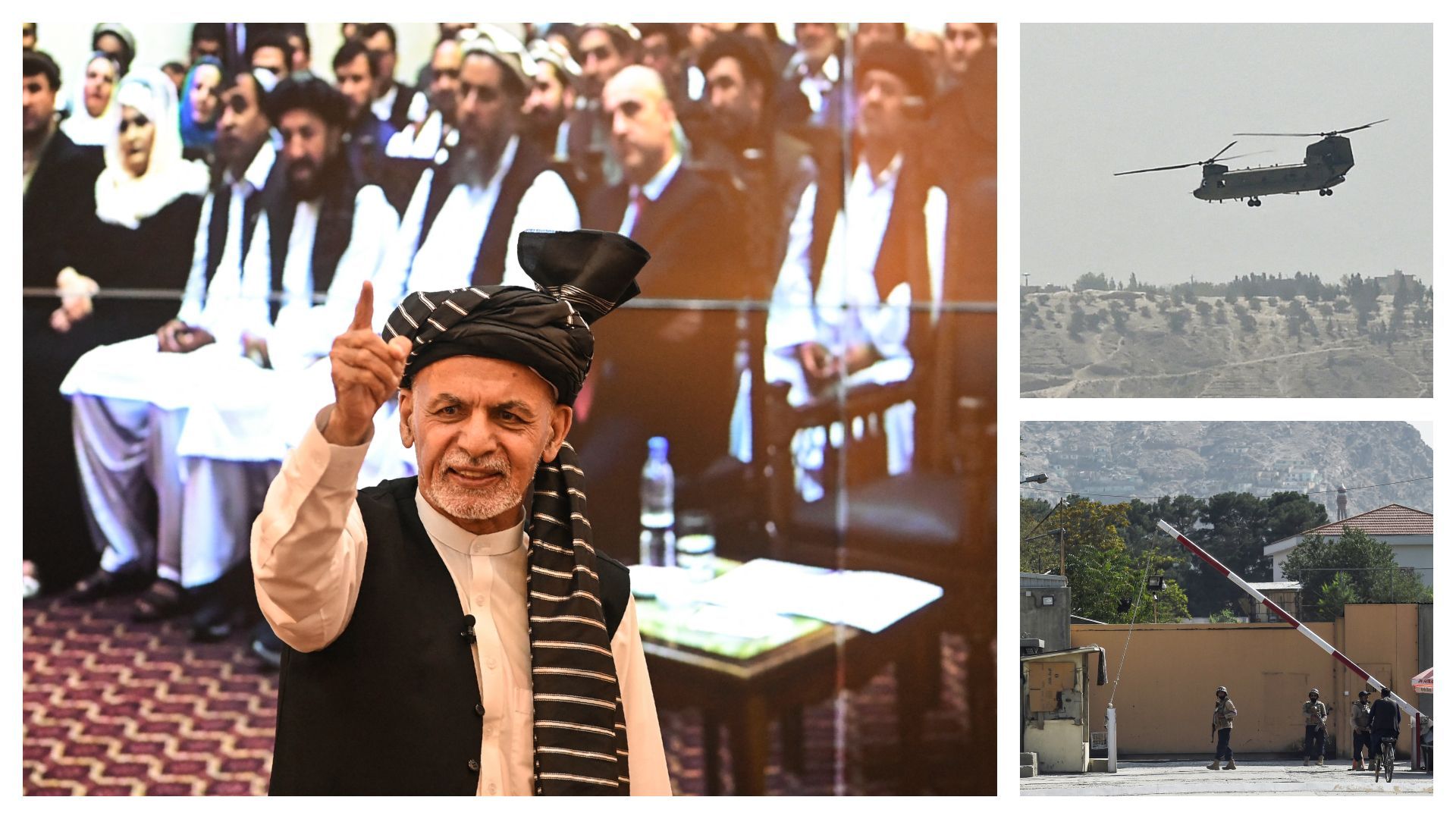 Le président Ghani le 4 août à Kaboul, hélicoptère américain à Kaboul ce 15 août et frontière de la "zone verte"