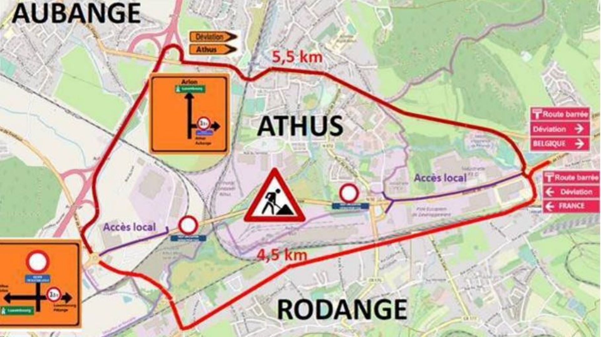 Déviations mises en place à Athus et Pétange/Rodange pour contourner l’Avenue de l’Europe