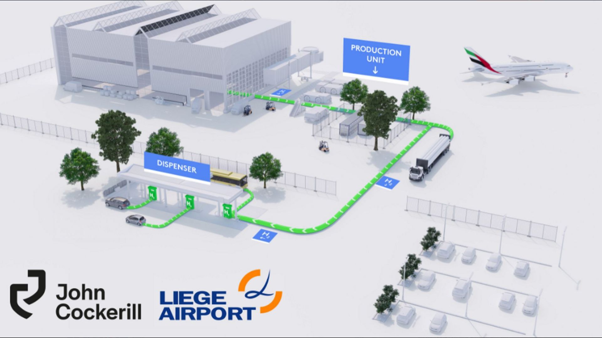 L'unité de production et de distribution d'hydrogène vert sera construit par le groupe John Cockerill à Liege Airport