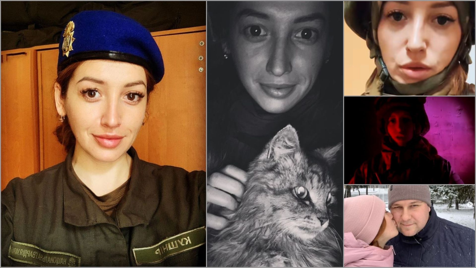 Olena Kushnir, sergent-major de la Garde nationale ukrainienne et médecin. Symbole de la résistance de Marioupol. Avec son chat sous les bombes, son mari avant la guerre et sur la vidéo dans laquelle elle appelait à l'aide il y a quelques semaines. 
