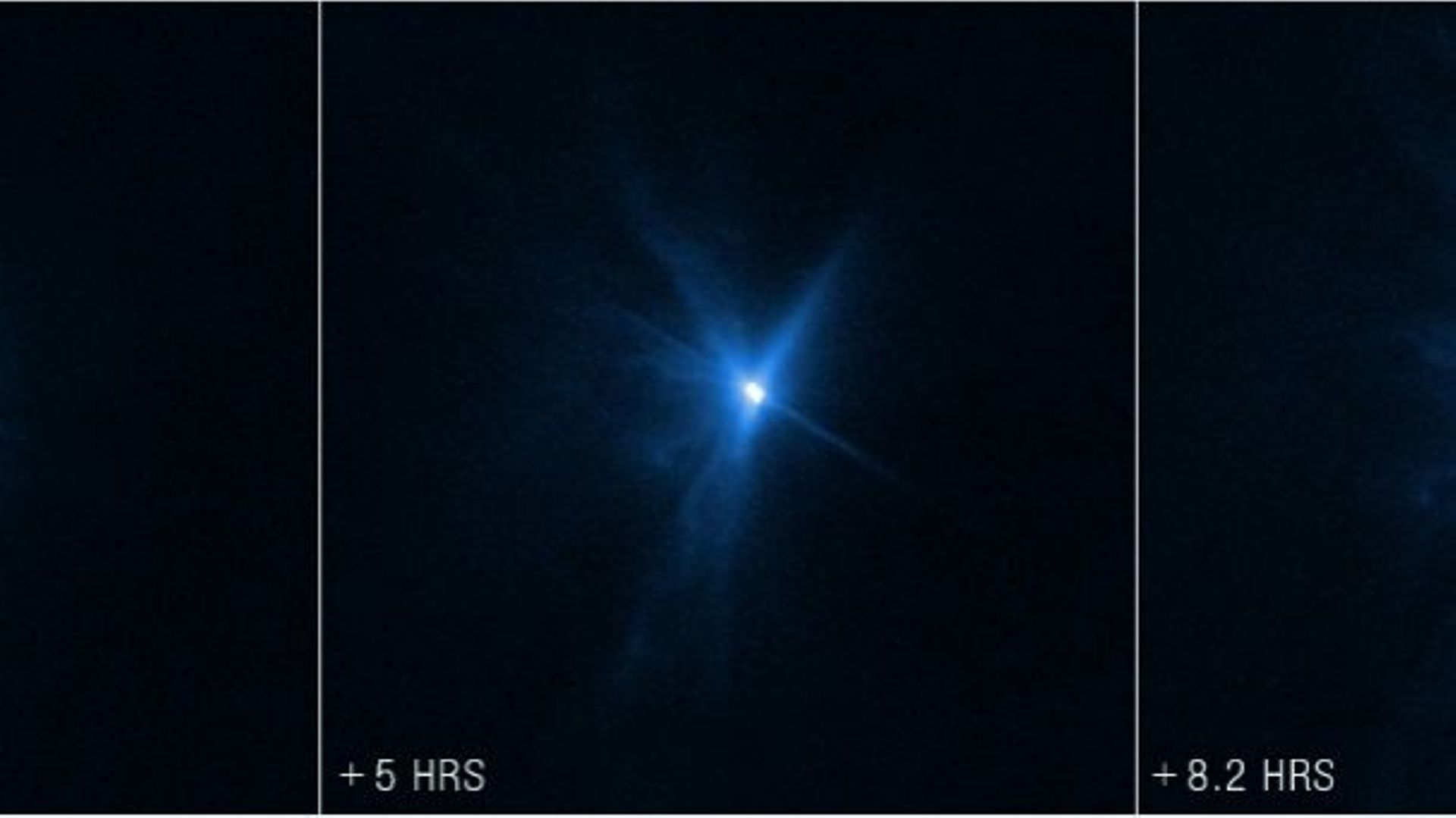 Images de l’impact de Dart prises par le télescope Hubble à 22 minutes, 5 heures et 8 heures après la collision