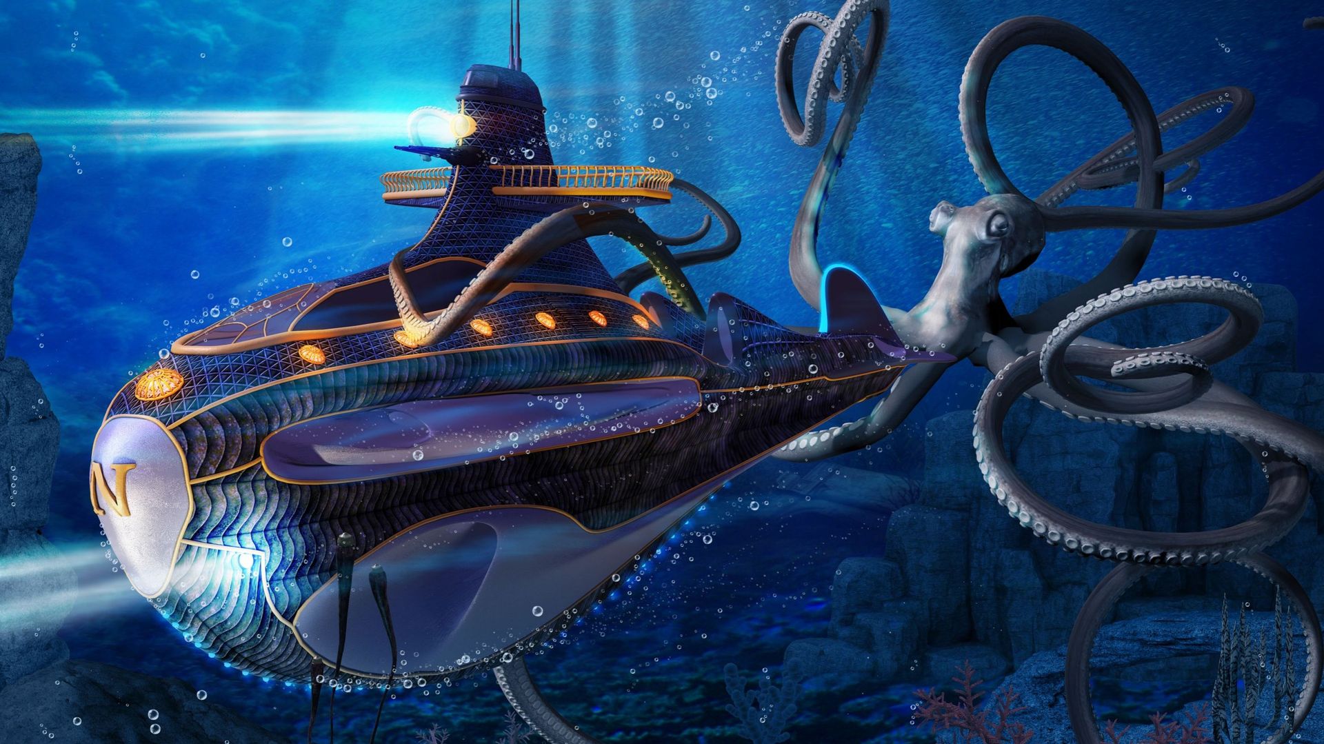 Dans 20.000 lieues sous les mers, le Nautilus du capitaine Némo est attaqué par des calmars géants