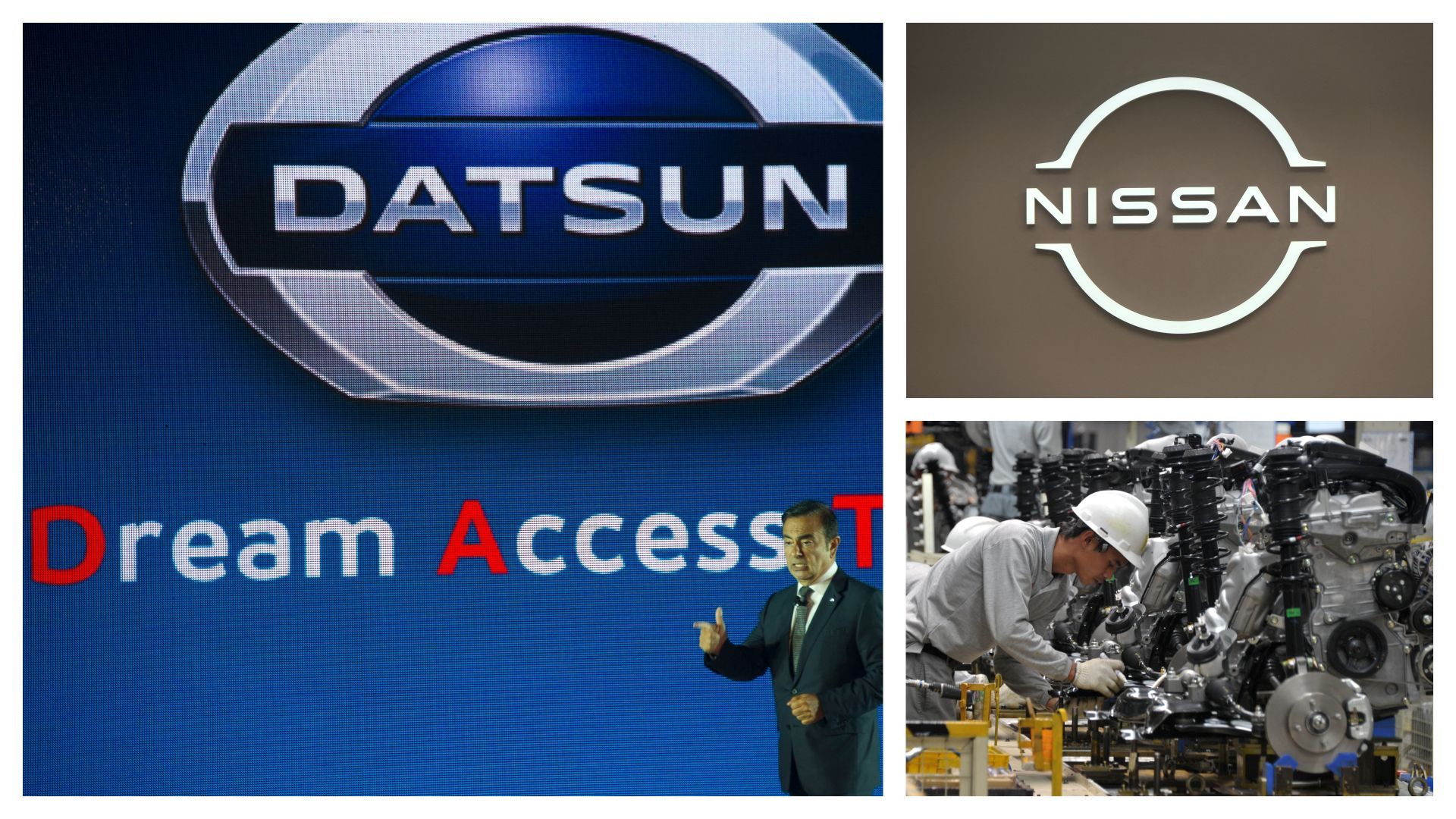 Datsun (avec Carlos Ghosn) en 2013, usine Datsun en 2014 et logo Nissan
