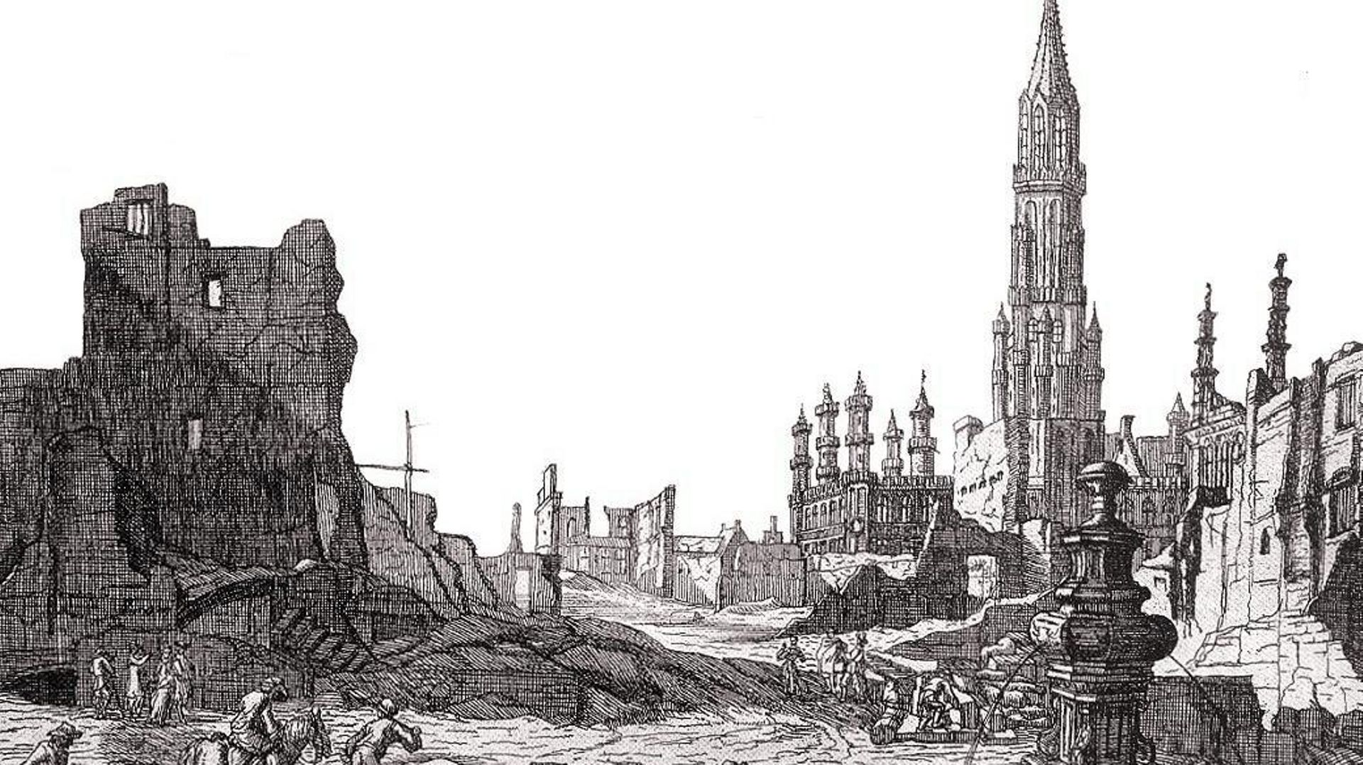 Gravure d'après un dessin de Augustin Coppens représentant la Grand-Place de Bruxelles après le Bombardement de 1695 par les troupes françaises de Louis XIV, de Vue du Marché aux Herbes vers la rue de la Colline et l'Hôtel de Ville (détail)