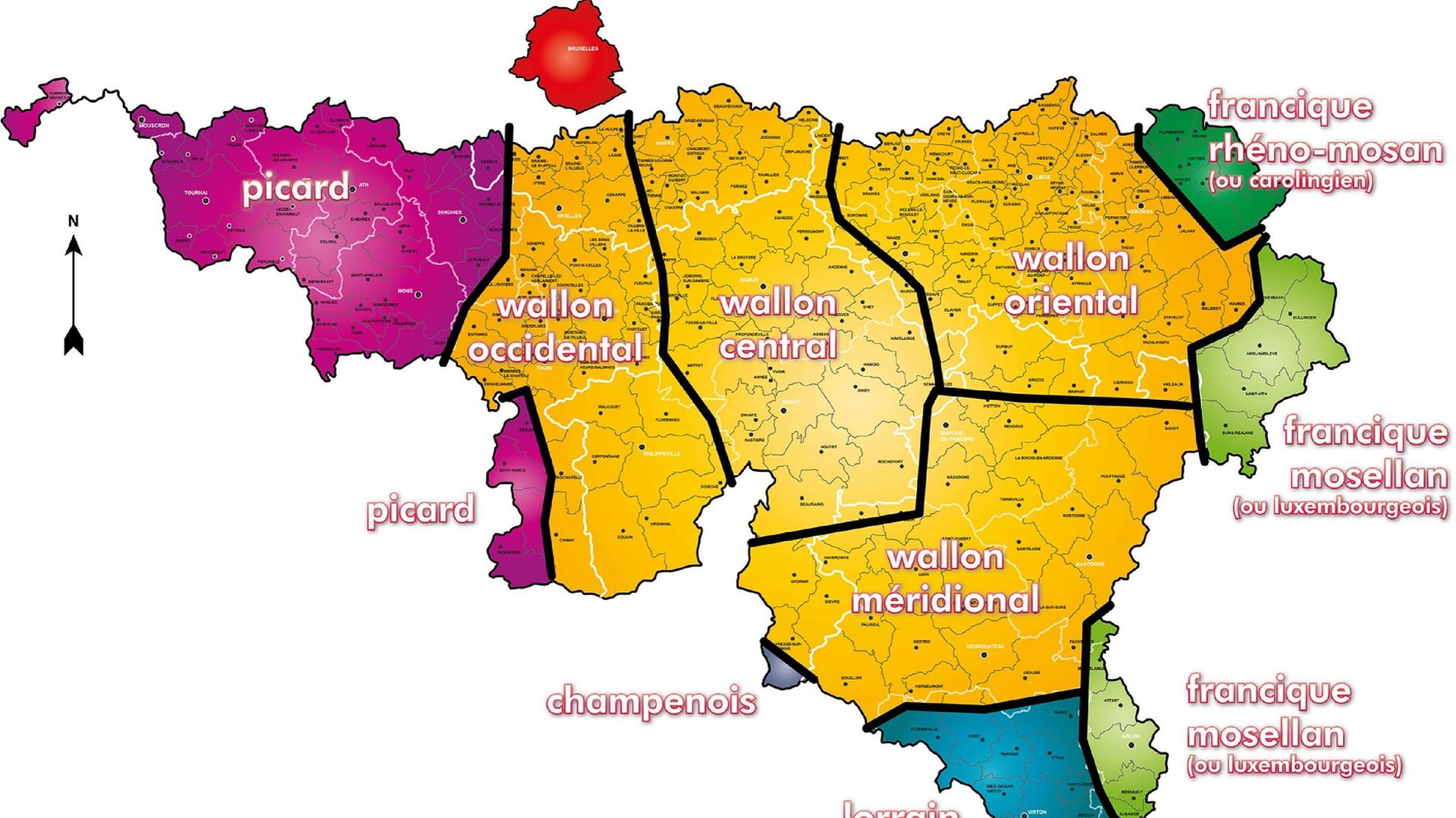 Carte des langues régionales de la Fédération Wallonie-Bruxelles