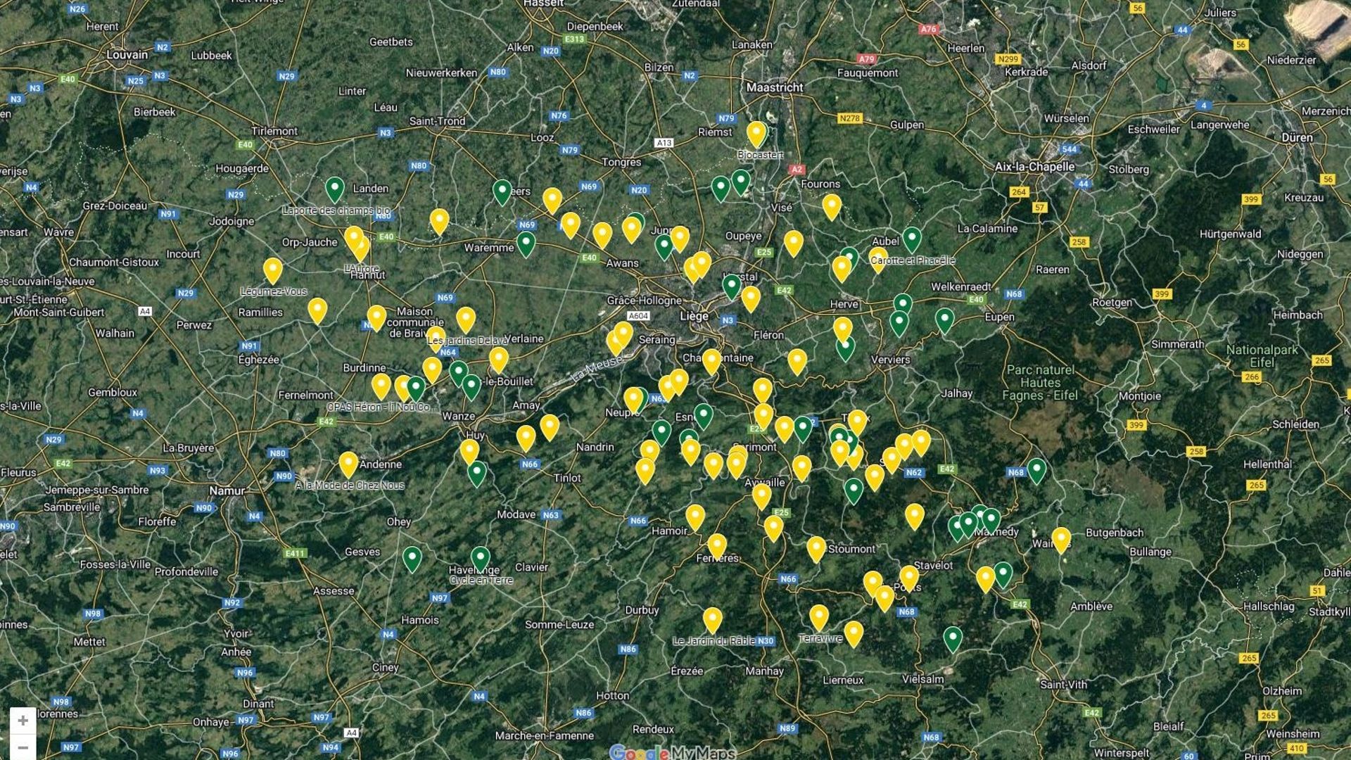 Capture d’écran : la carte des maraîchers de la province de Liège publiée sur le site de la Ceinture Aliment-Terre Liégeoise