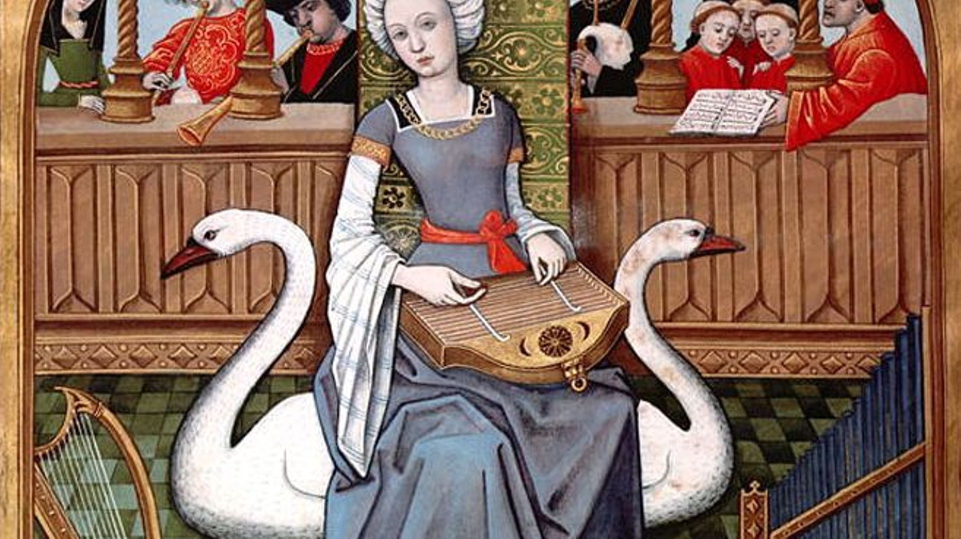 Joueuse de dulcimer, ancêtre notamment du cymbalum
Robinet Testard, « Allégorie de l’Amour », Livre des échecs amoureux d’Evrard de Conty, 1496-1498, folio 65 verso, BNF