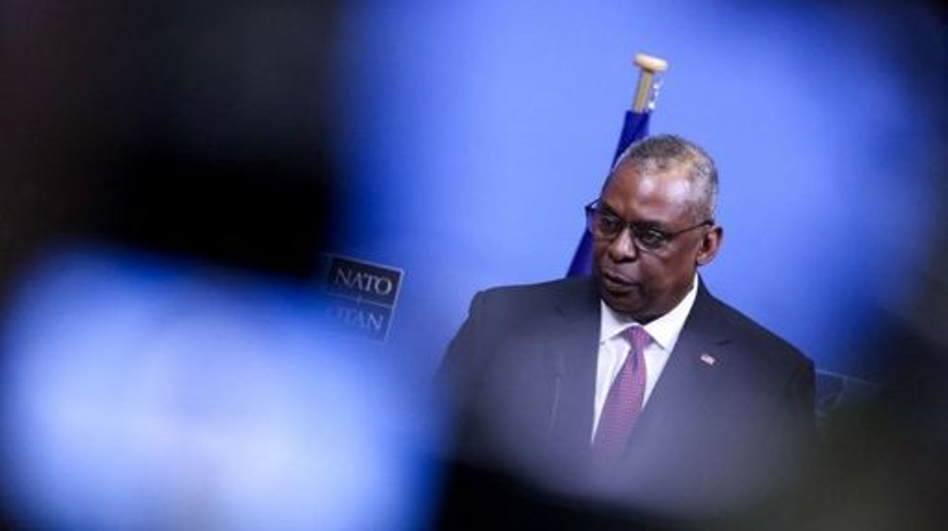 US Defense Secretary Lloyd Austin holds a press conference at the end of a two-day meeting of NATO Defence ministers at the NATO headquarters in Brussels on February 15, 2023.    Kenzo TRIBOUILLARD / AFP