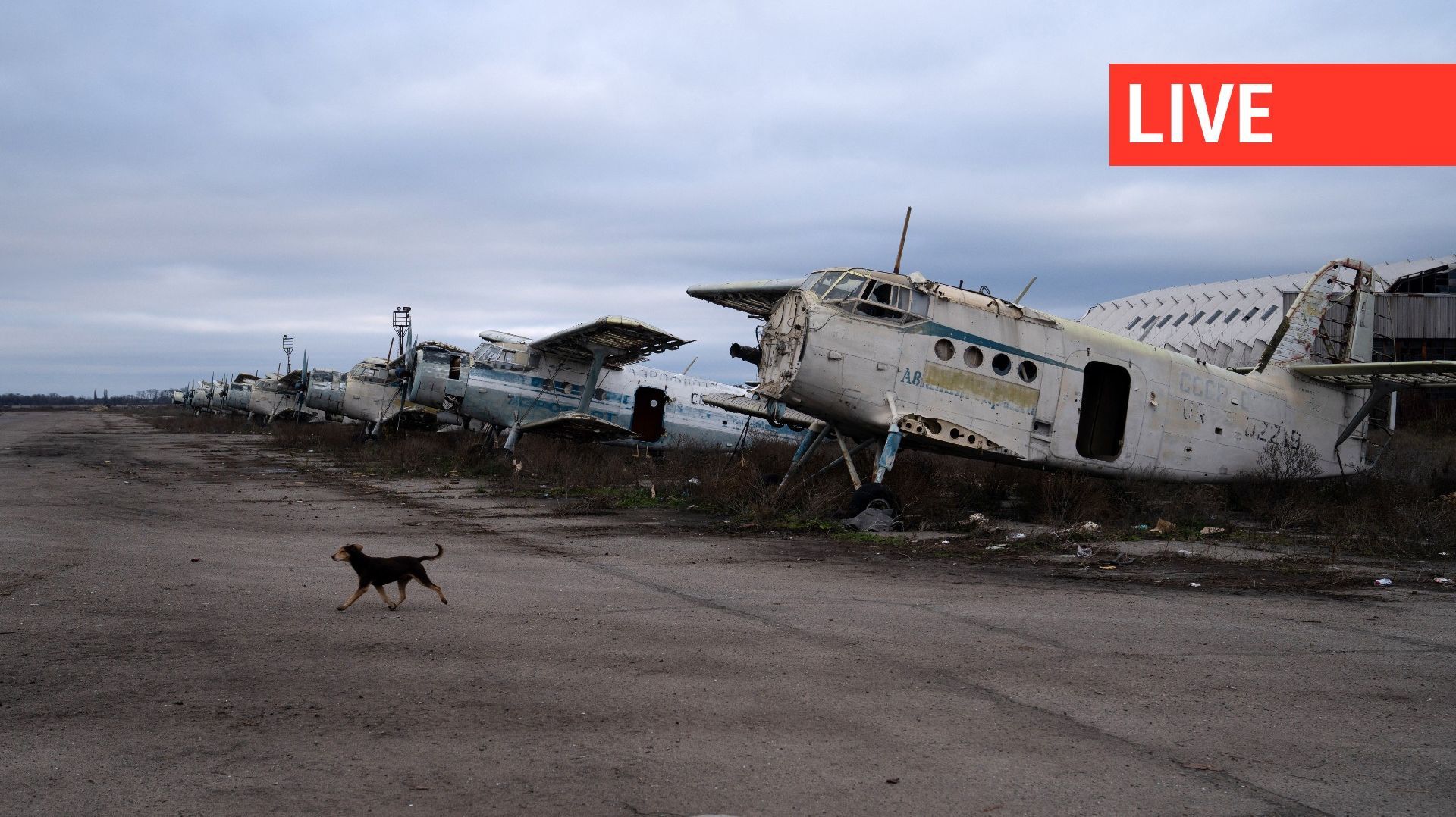 Cette photo prise le 19 novembre 2022 montre des avions endommagés à l'aéroport international de Kherson dans le village de Chornobaivka, dans la banlieue de Kherson.