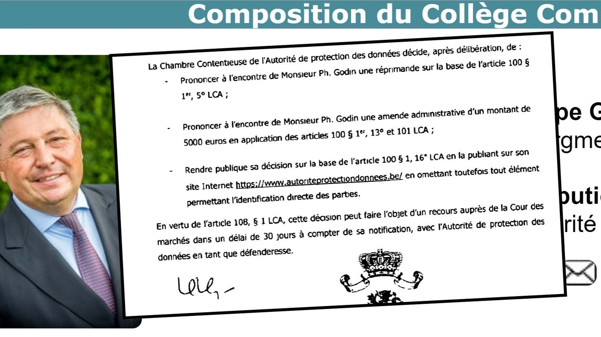 une réprimande et une amende administrative de 5000 Euros pour Philippe Godin