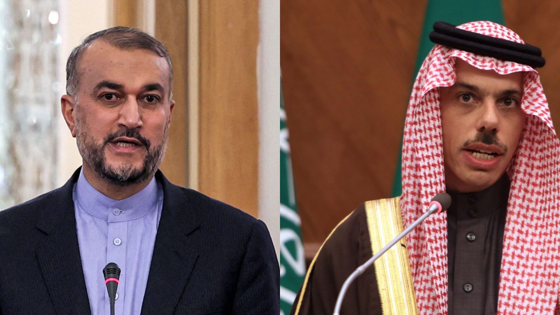 Le ministre des Affaires étrangères, Hossein Amir-Abdollahian, et son homologue arabe, Faisal bin Farhan Al Saud.