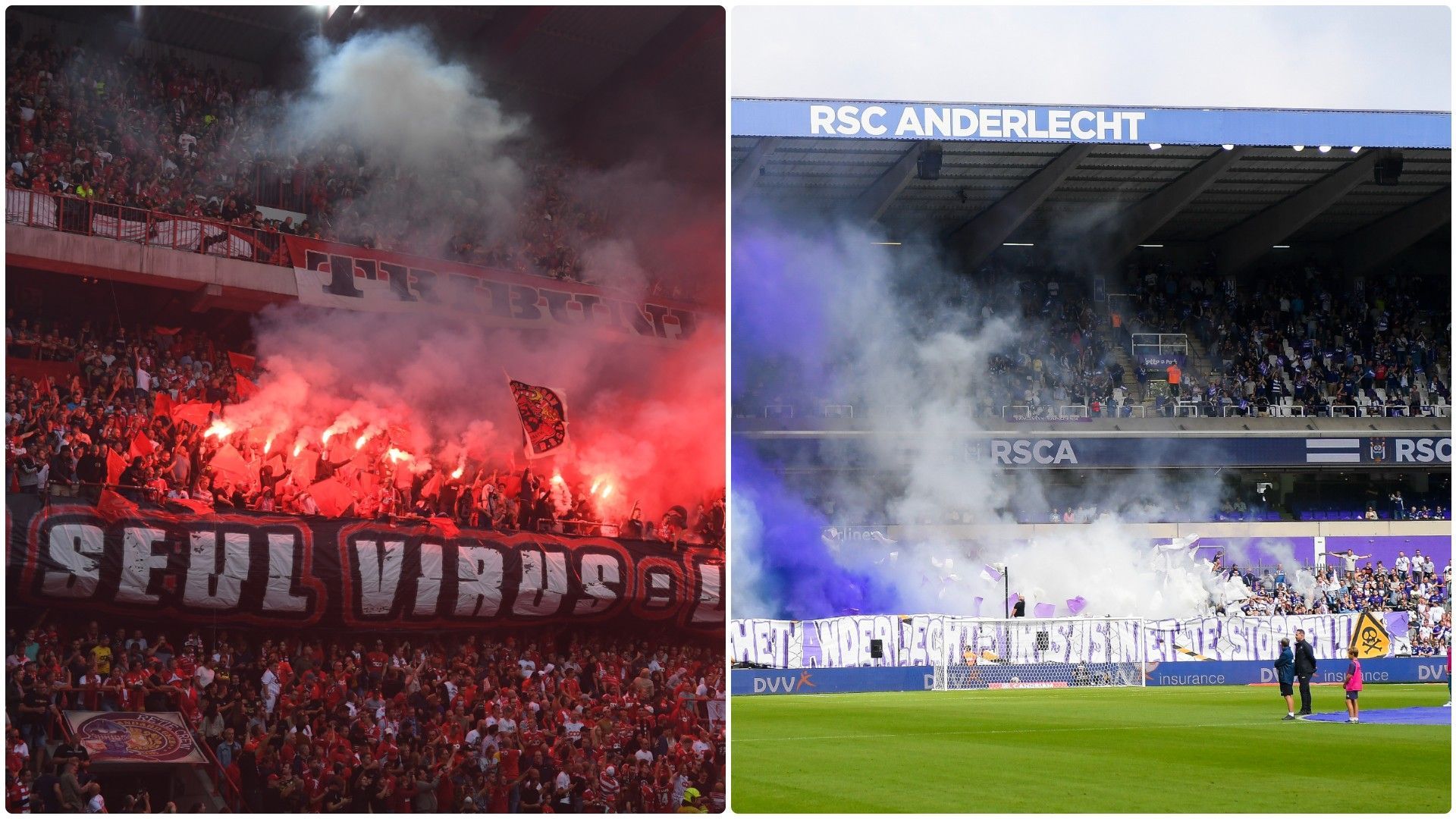 Les fans du Standard et ceux d’Anderlecht utilisant des fumigènes.