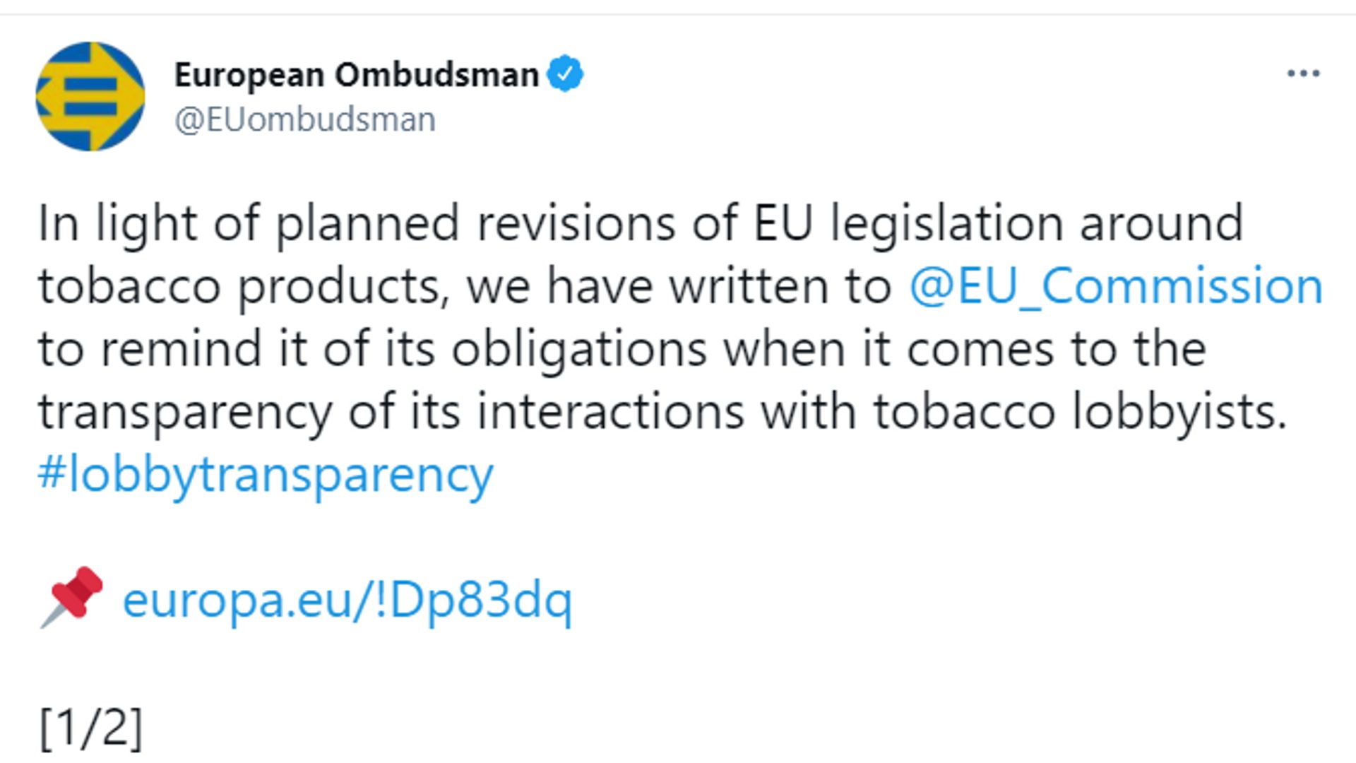 Un tweet de rappel à l’ordre de la Médiatrice européenne à l’égard de la Commission