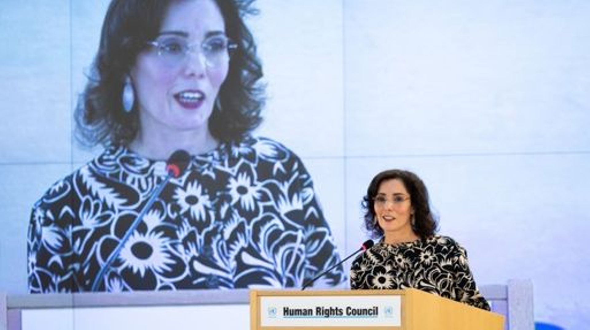 La ministre des Affaires étrangères Hadja Lahbib lors de la séance d'ouverture de la 52e session du Conseil des droits de l'homme des Nations unies, à Genève, en Suisse, lundi 27 février 2023. 