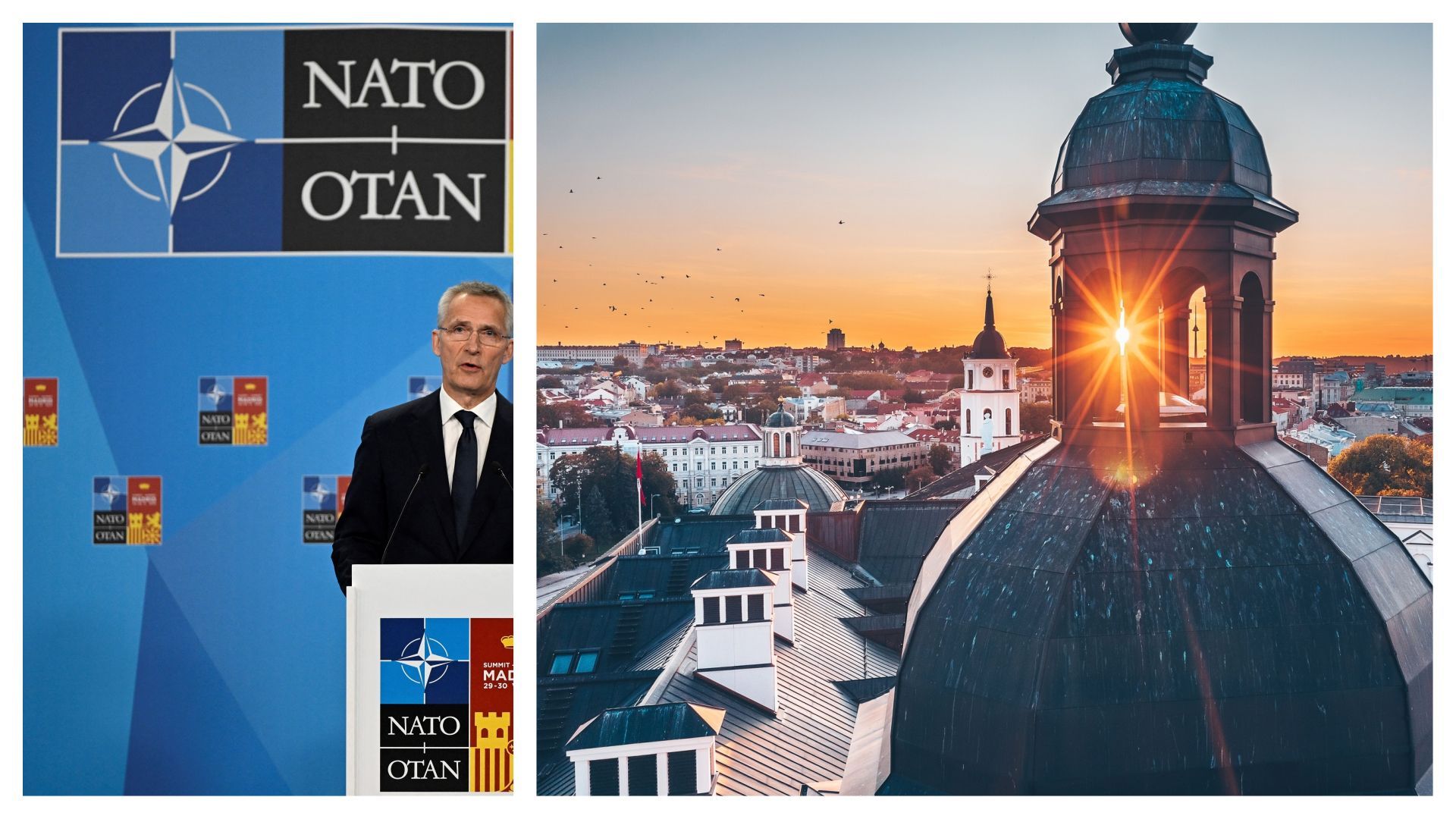 Jens Stoltenberg, le Secrétaire général de l’OTAN, à Madrid le 30 juin et vue de Vilnius
