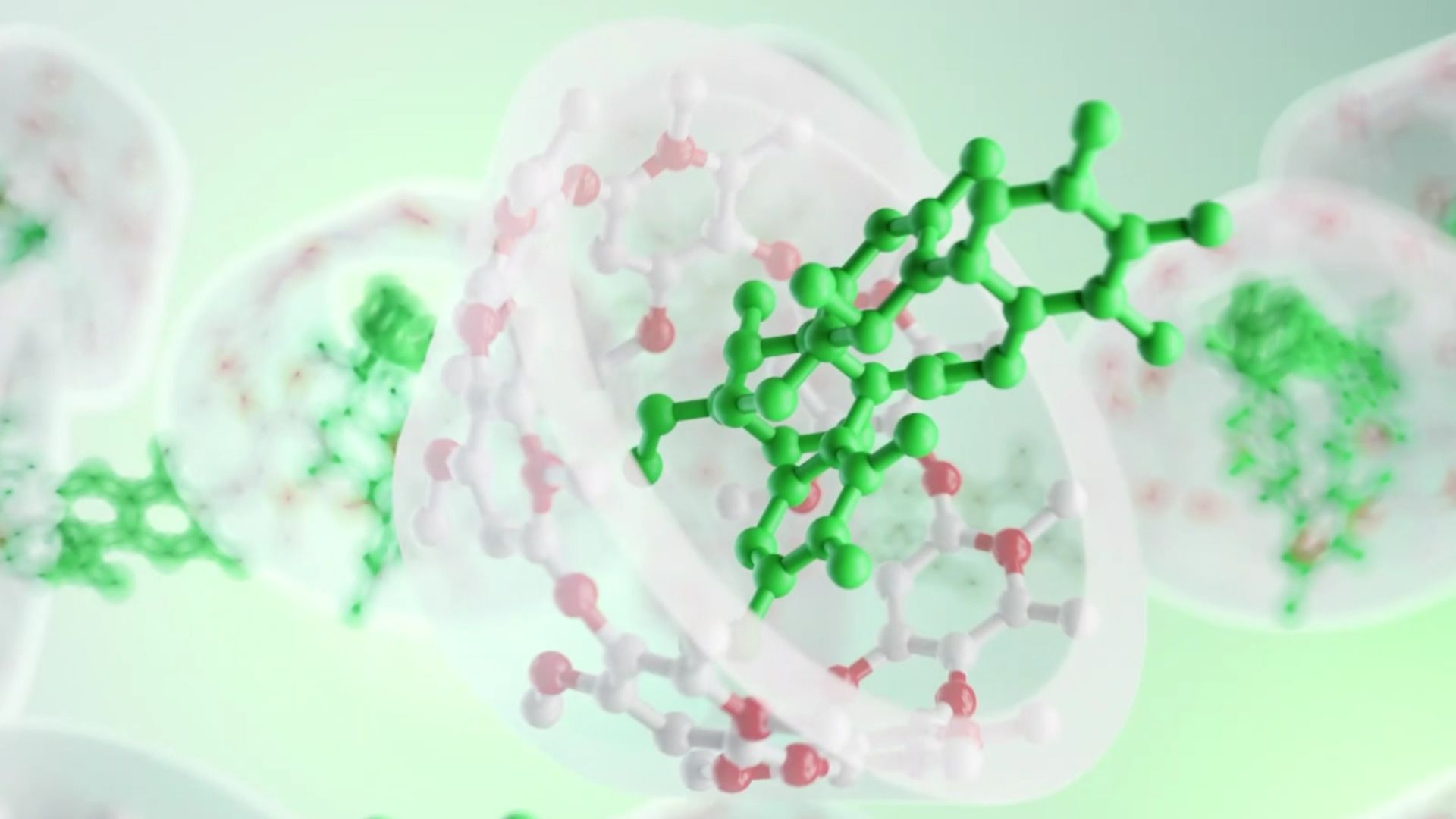 Le corticoïde (en vert), la molécule anti-inflammatoire, est encapsulé dans des sucres complexes, les cyclo dextrines (en rouge et blanc) tel un petit vaisseau pour aller au fond du poumon.