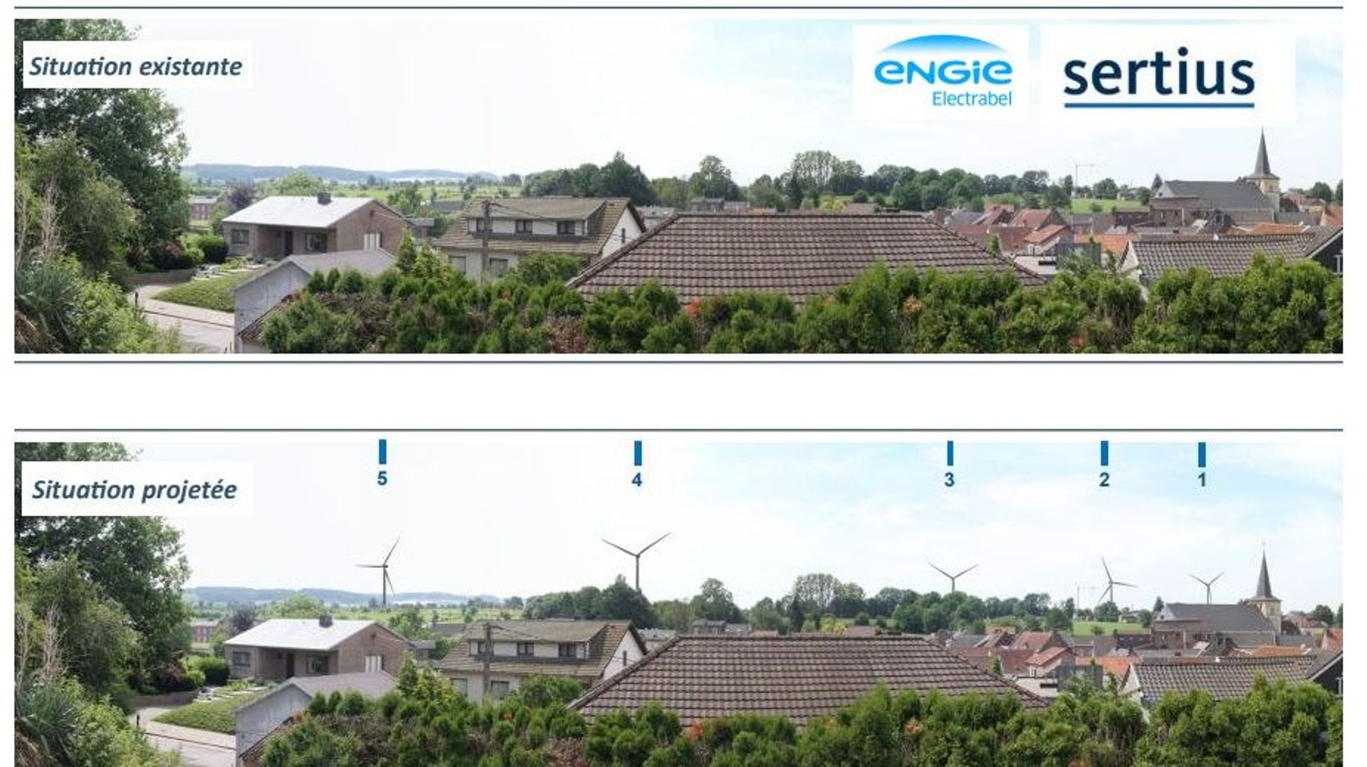Situées sur une terrasse, les cinq éoliennes impacterait le paysage, comme sur cette simulation depuis Fouron-le-Comte, à un kilomètre et demi du site