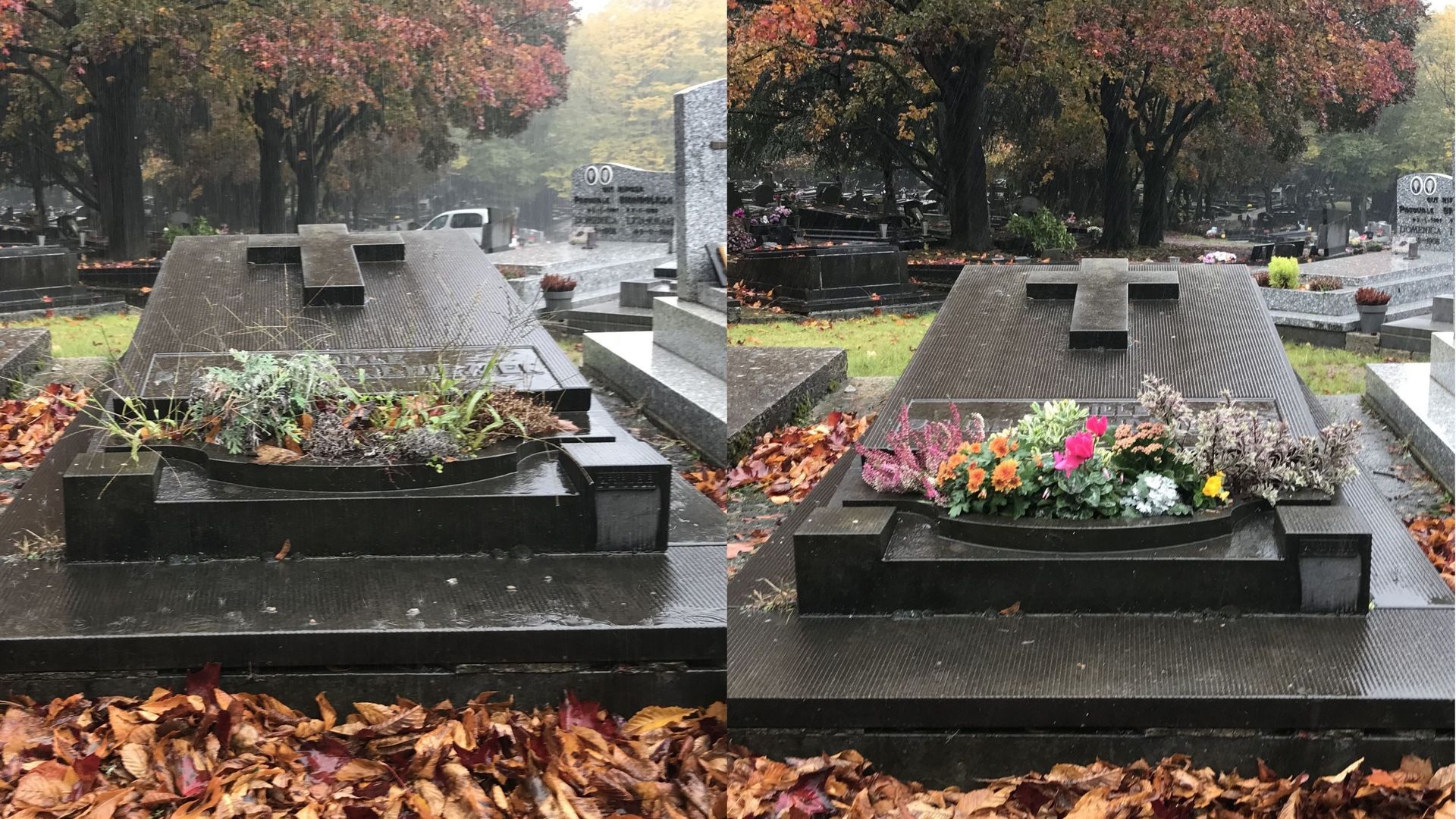 Une tombe avant puis après que la jardinière ait été garnie de nouvelles fleurs