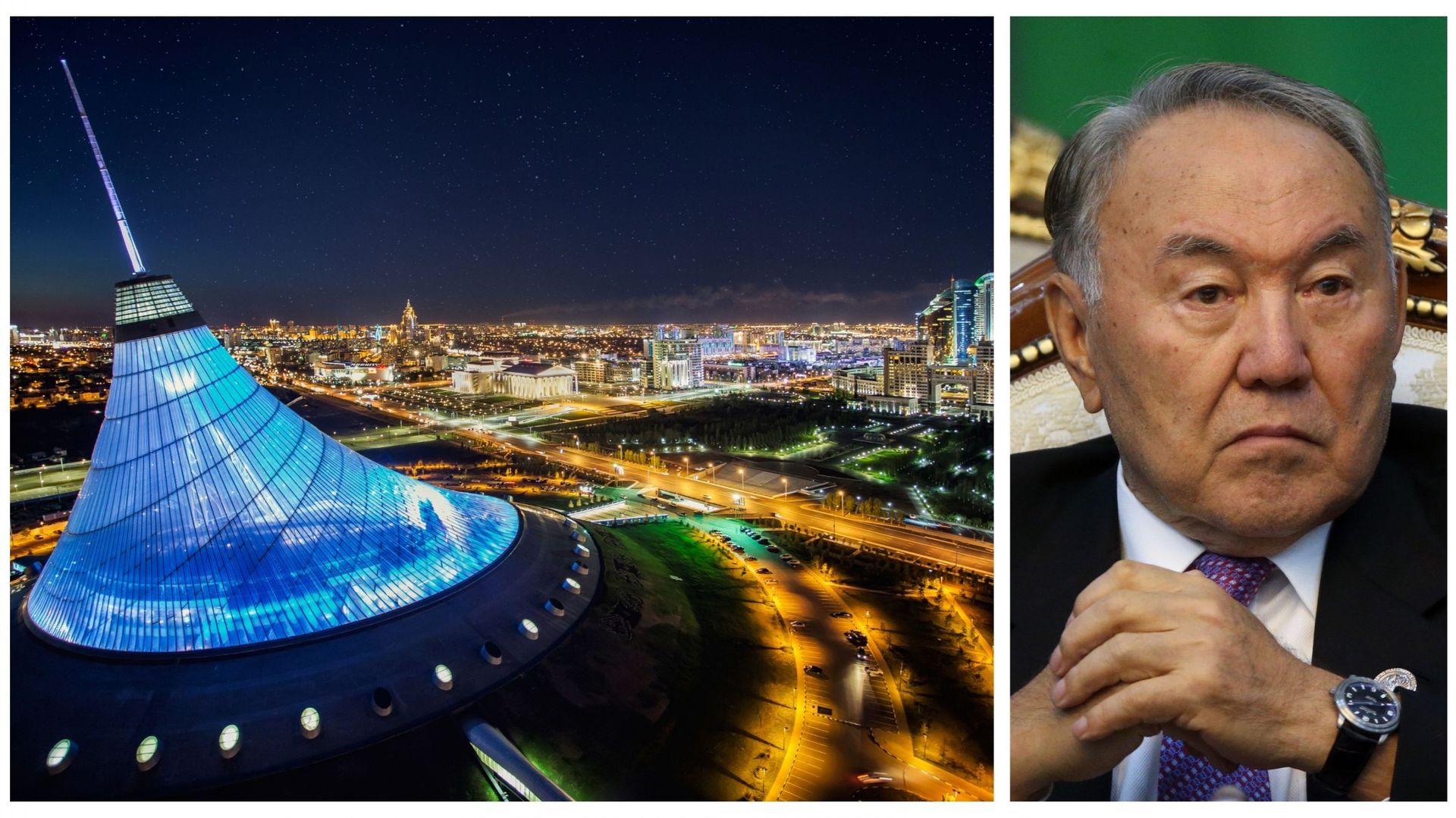 Vue d’Astana et image de l’ex-président Nazarbaïev en 2016