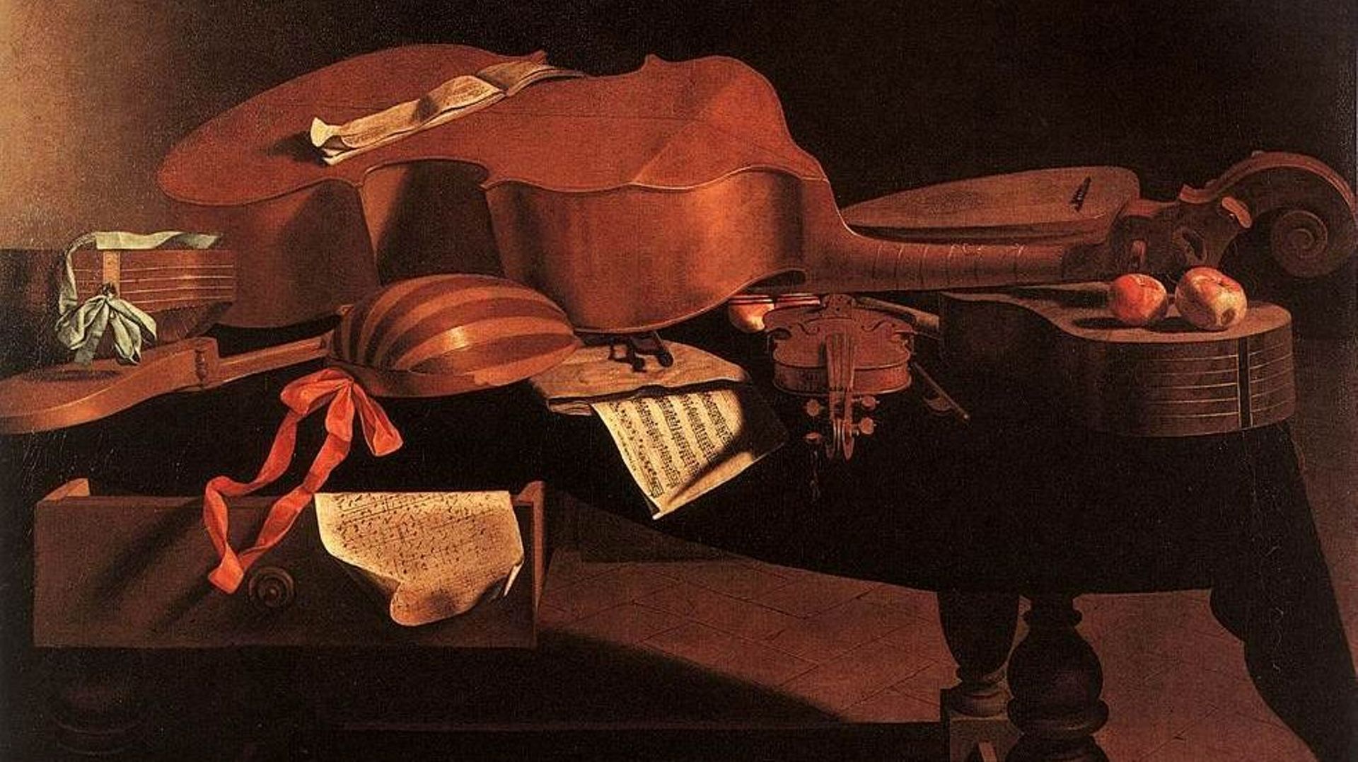 Instruments de musique baroque sur une table par Baschenis (Collection : Musées royaux des beaux-arts de Belgique)