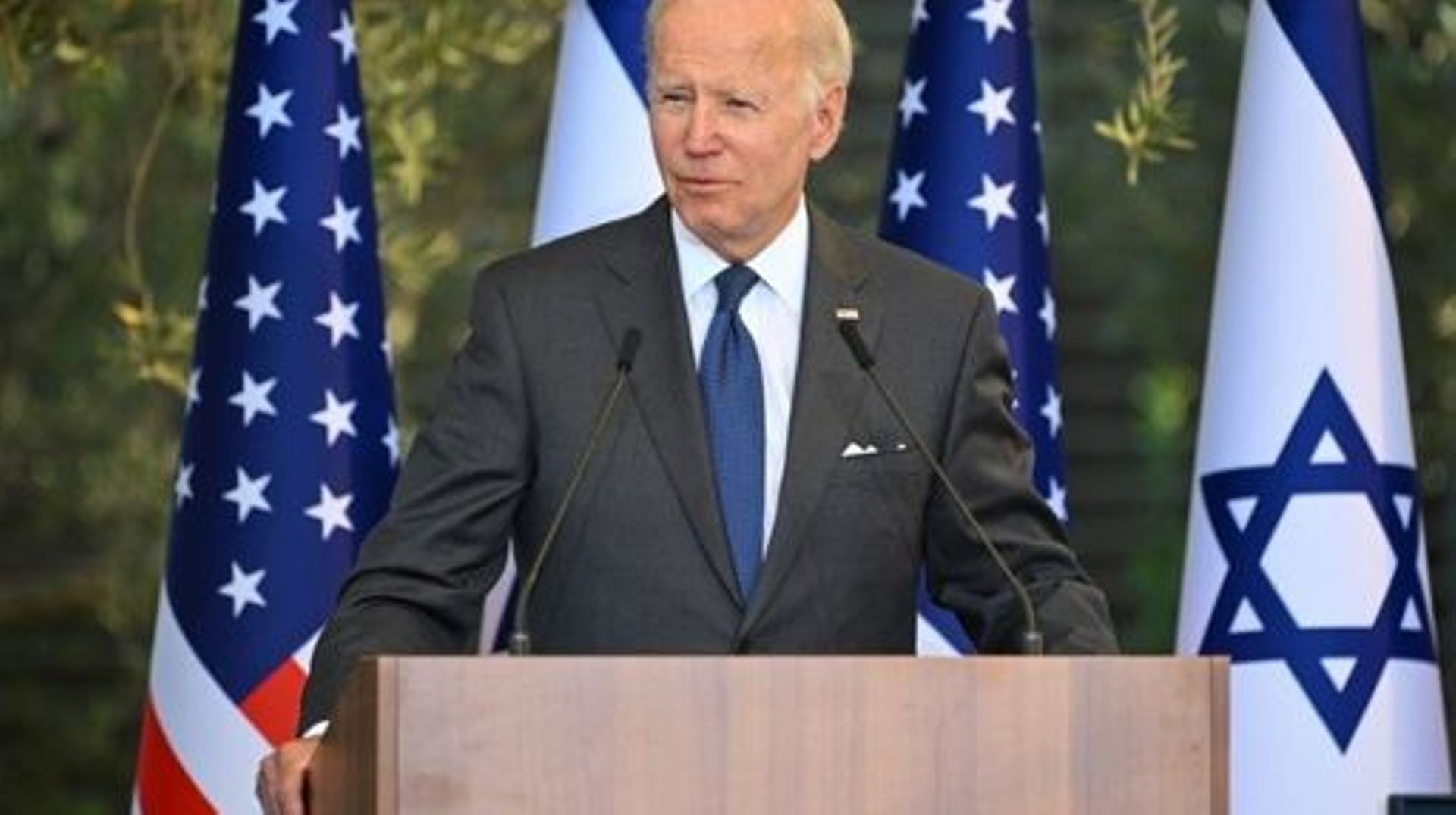 US President Joe Biden speaks before receiving the Presidential Medal of Honor from his Israeli counterpart at the Presidential residence in Jerusalem on July 14, 2022.  MANDEL NGAN / AFP