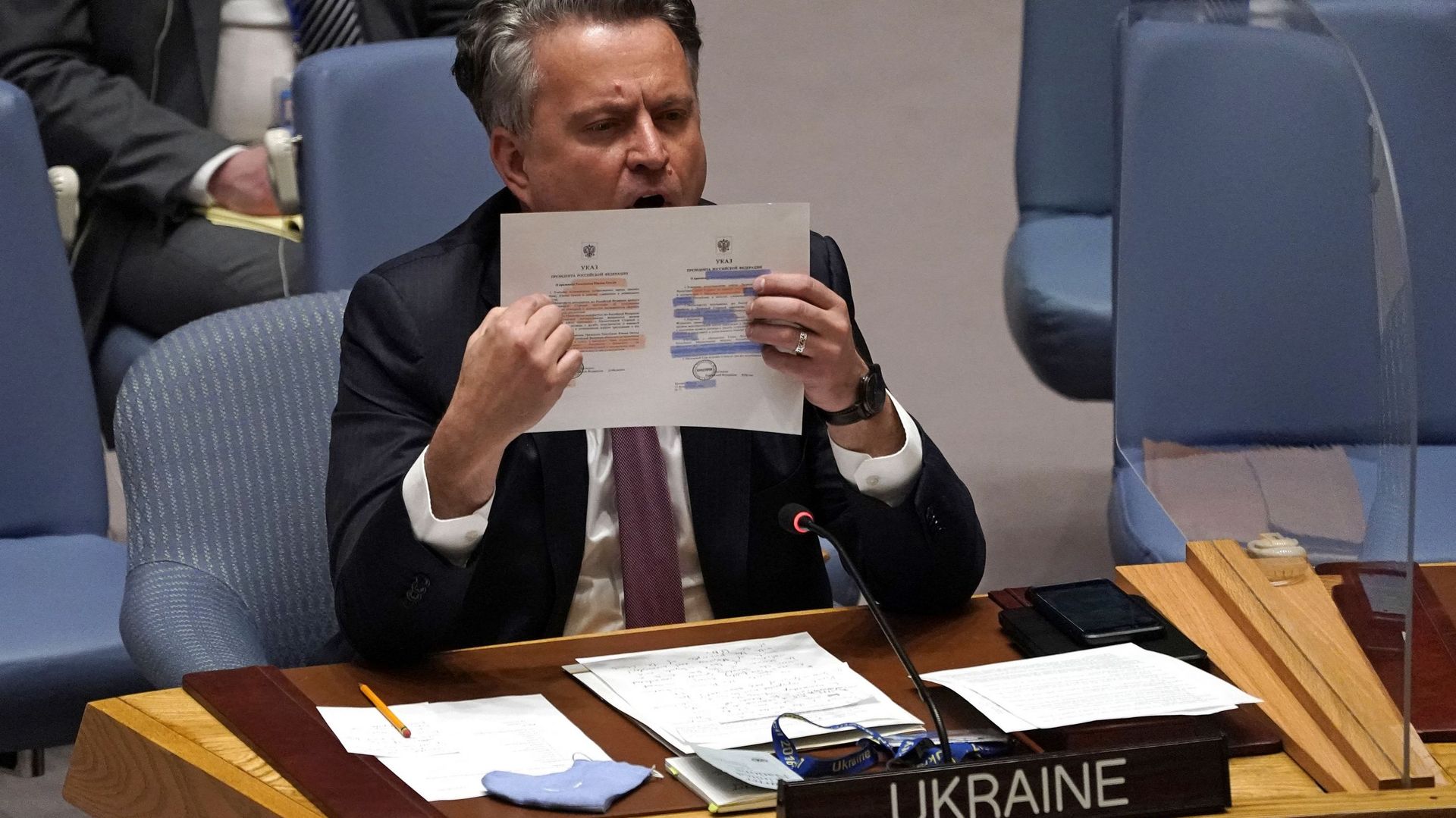 Le représentant permanent de l’Ukraine auprès des Nations unies, Sergiy Kyslytsya, prend la parole lors d’une réunion d’urgence du Conseil de sécurité de l’ONU sur la crise ukrainienne, à New York, le 21 février 2022.