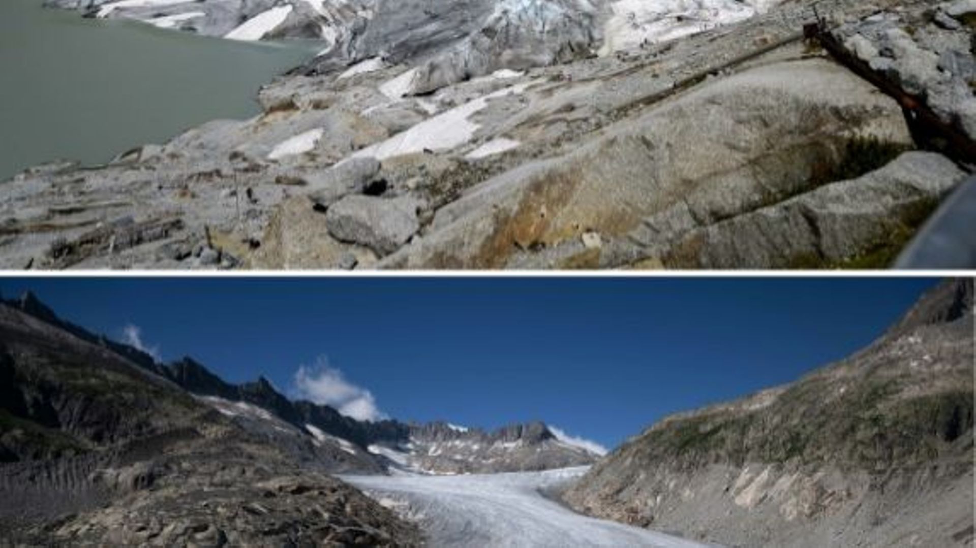 Montage photo montrant le glacier du Rhône, à Gletsch, en Suisse, partiellement recouvert d'une mousse isolante pour le protéger de la chaleur. En haut, le 14 juillet 2015, en bas, le 8 juillet 2022