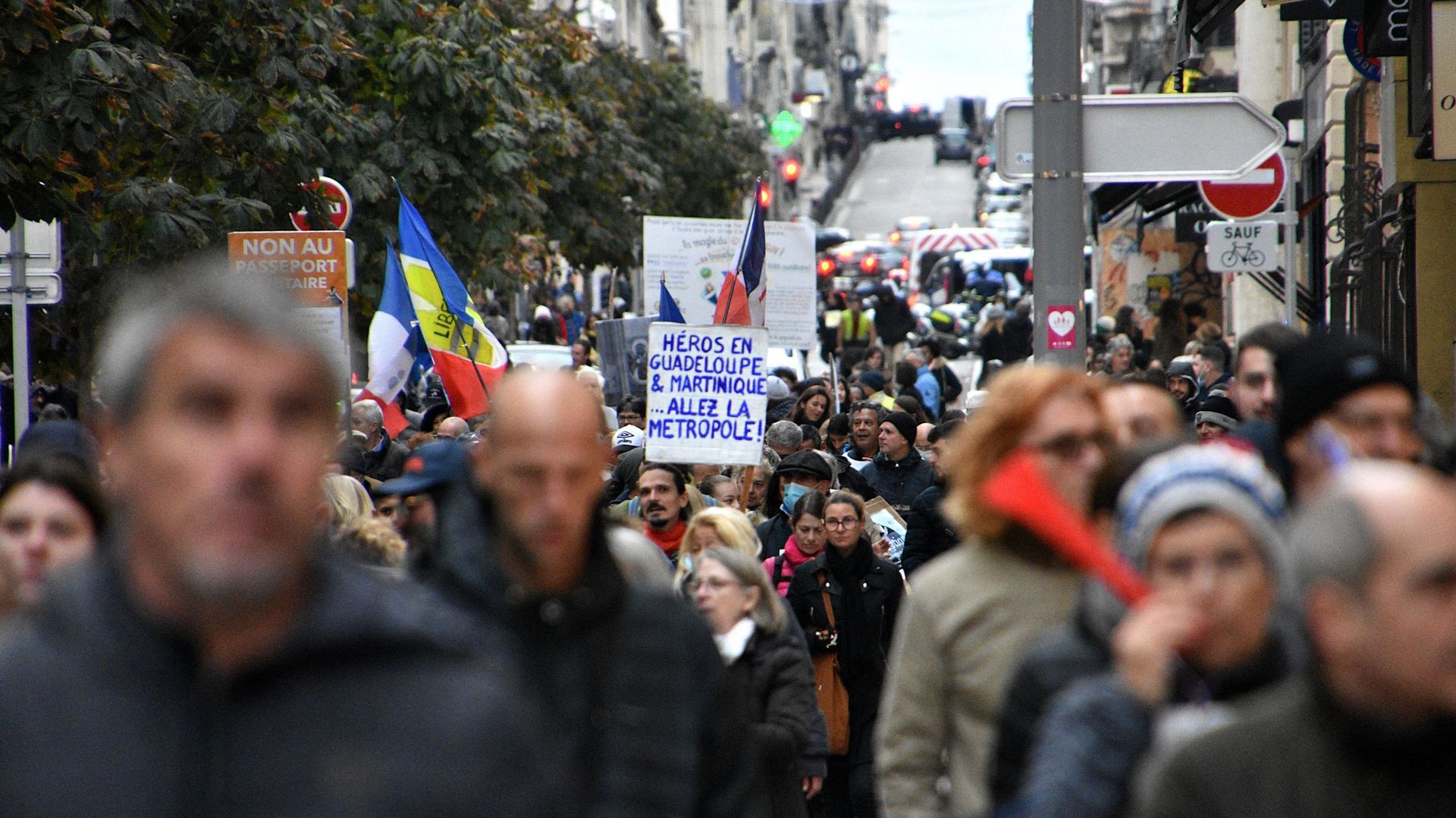 Des manifestants défilent dans la rue en tenant des drapeaux et des pancartes pendant la manifestation. Les manifestants sont descendus dans les rues de France pour protester contre le passeport santé (2021/11/27)
