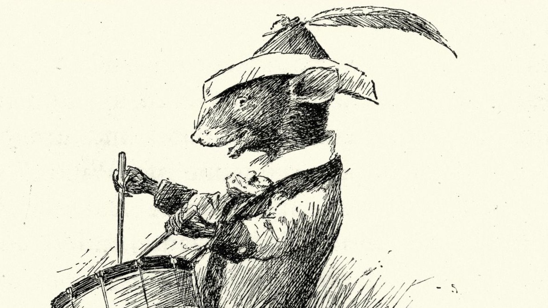 Gravure : un rat jouant sur un tambour