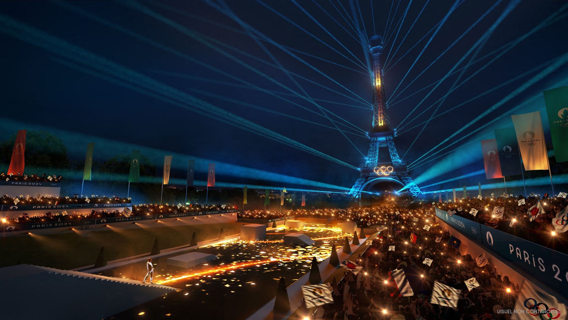 Cette illustration publiée le 15 décembre 2021 par le Comité Olympique Paris 2024 montre la cérémonie d'ouverture des Jeux Olympiques de Paris le 26 juillet 2024.