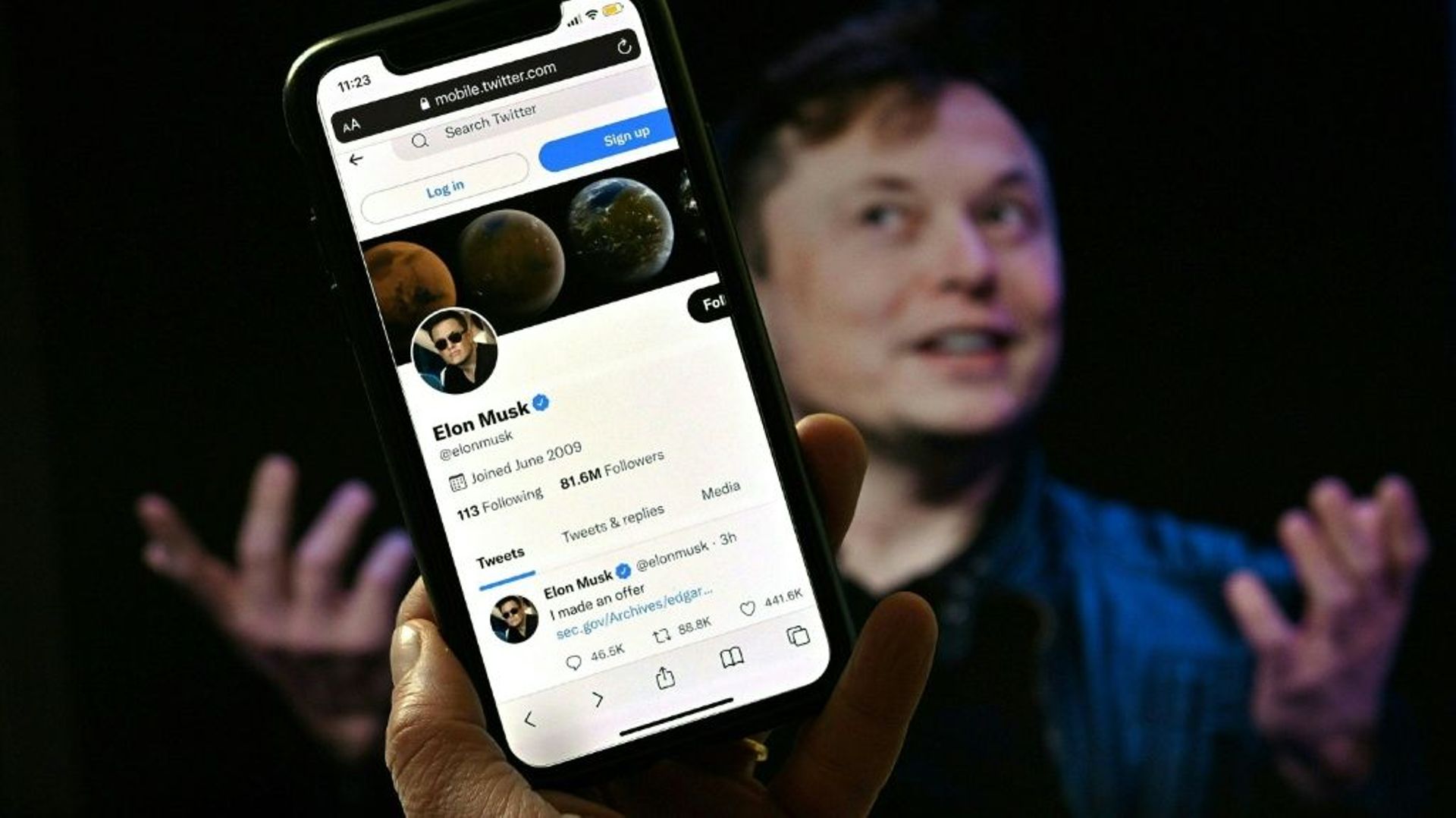 Le compte Twitter d'Elon Musk, à Washington le 14 avril 2022